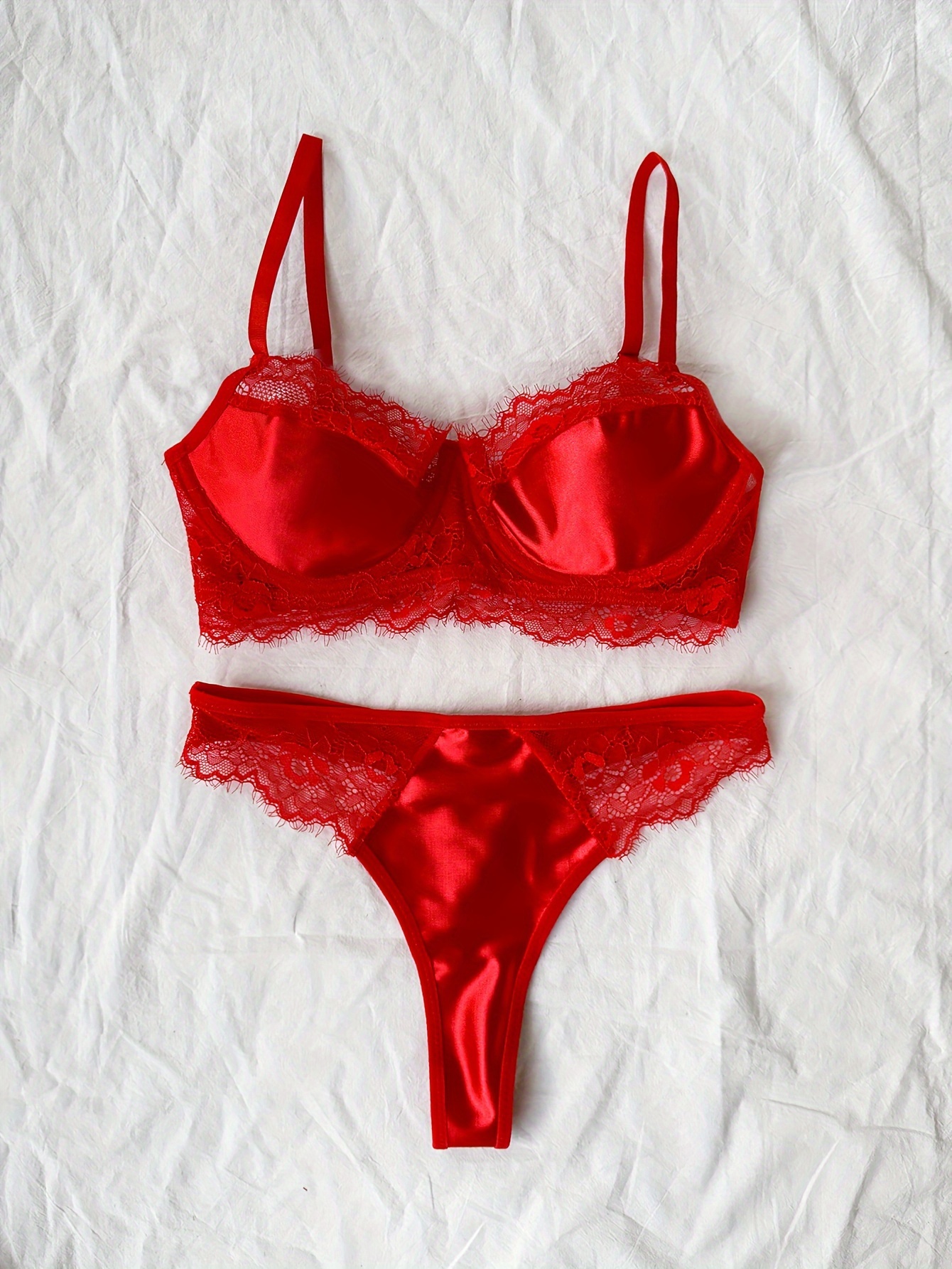 Red Eyelash Lace Bralette And Knicker Set