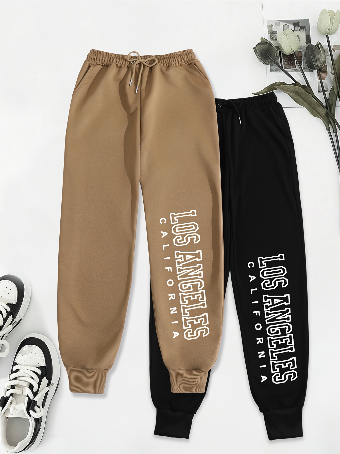 2 pack womens casual sweatpants polyester 100 knit fabric loose fit with pocket detail long length   sports pants with drawstring waist alphabet letter print no belt weekend  