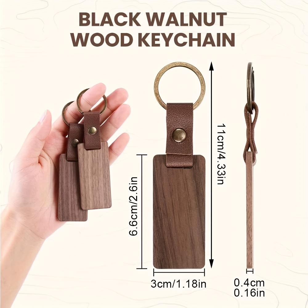 20Packs Wooden Keychain Rectangle Blanks Leather Keychain Blank Wood Walnut  With Keyring For DIY Engraving Gift Durable
