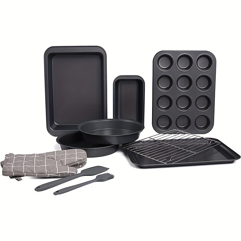 kitCom Toaster Oven 4-Piece Set Nonstick Heavy Duty Carbon Steel, includes  Nonstick Cake Pans, Muffin Pan, Cooling Rack, Gray