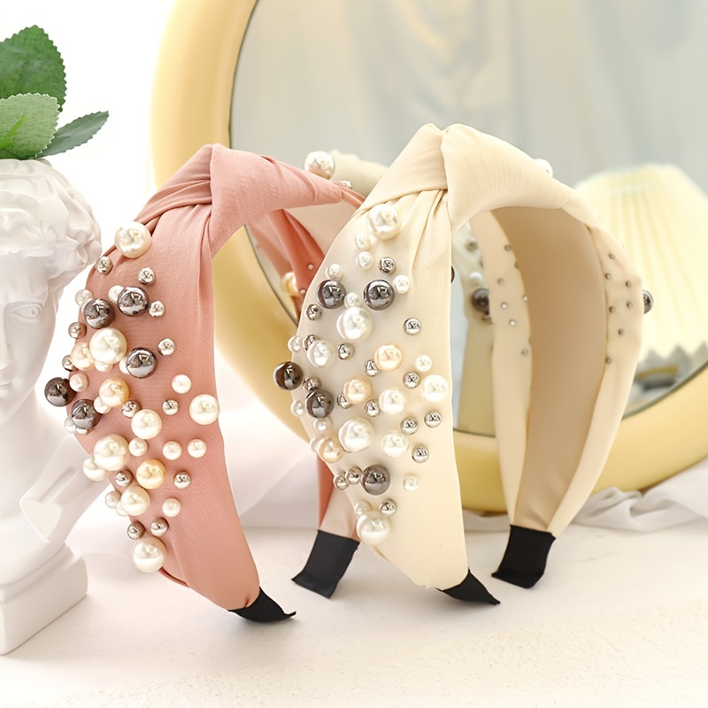 Solid Fabric Knotted Headband with Faux Pearl Hair Bow