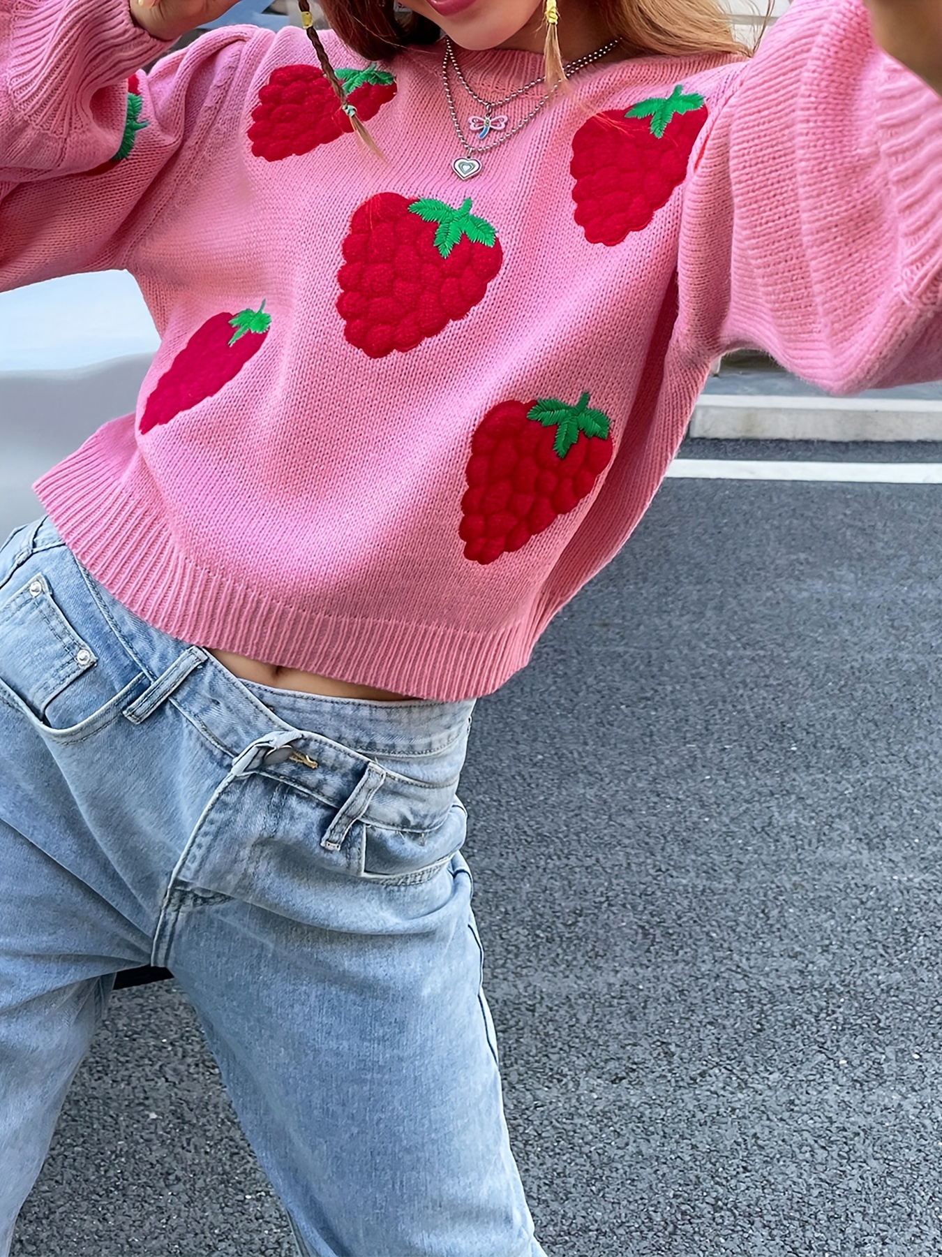 Women's Strawberry Print Crew Neck Crochet Knit Tops, Cute Fall Winter  Pullover Sweaters, Women's Clothing