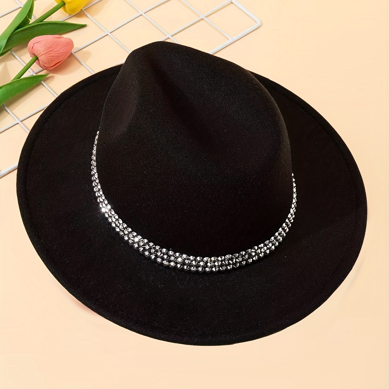 Black Flat Brim Jazz Hat with Rhinestone Strap Decor for Women and Men