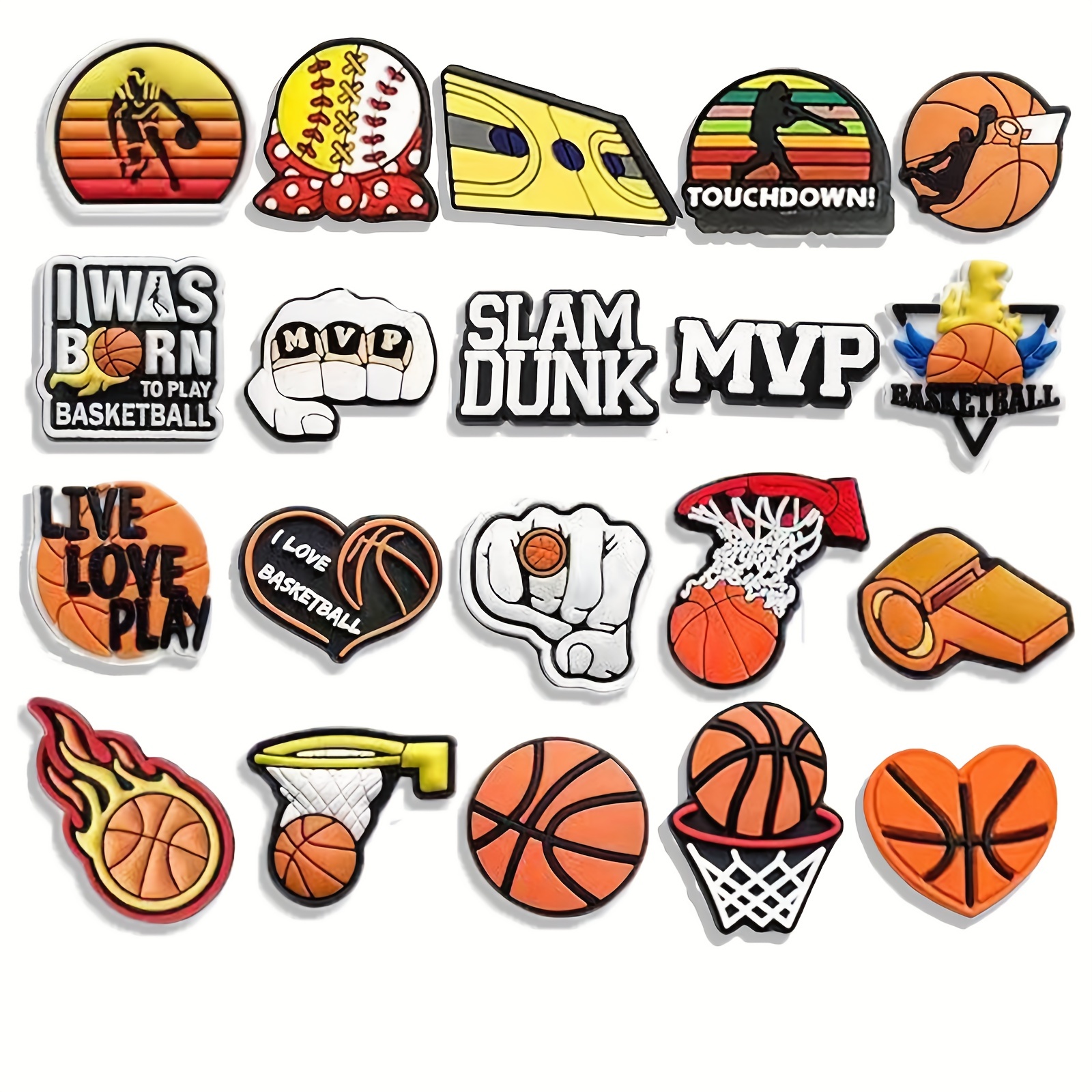 16pcs Sports PVC Ribbon Balls Cheer Basketball Cartoon Shoe Charms for Clogs Sandal Decoration, DIY Accessories,Temu