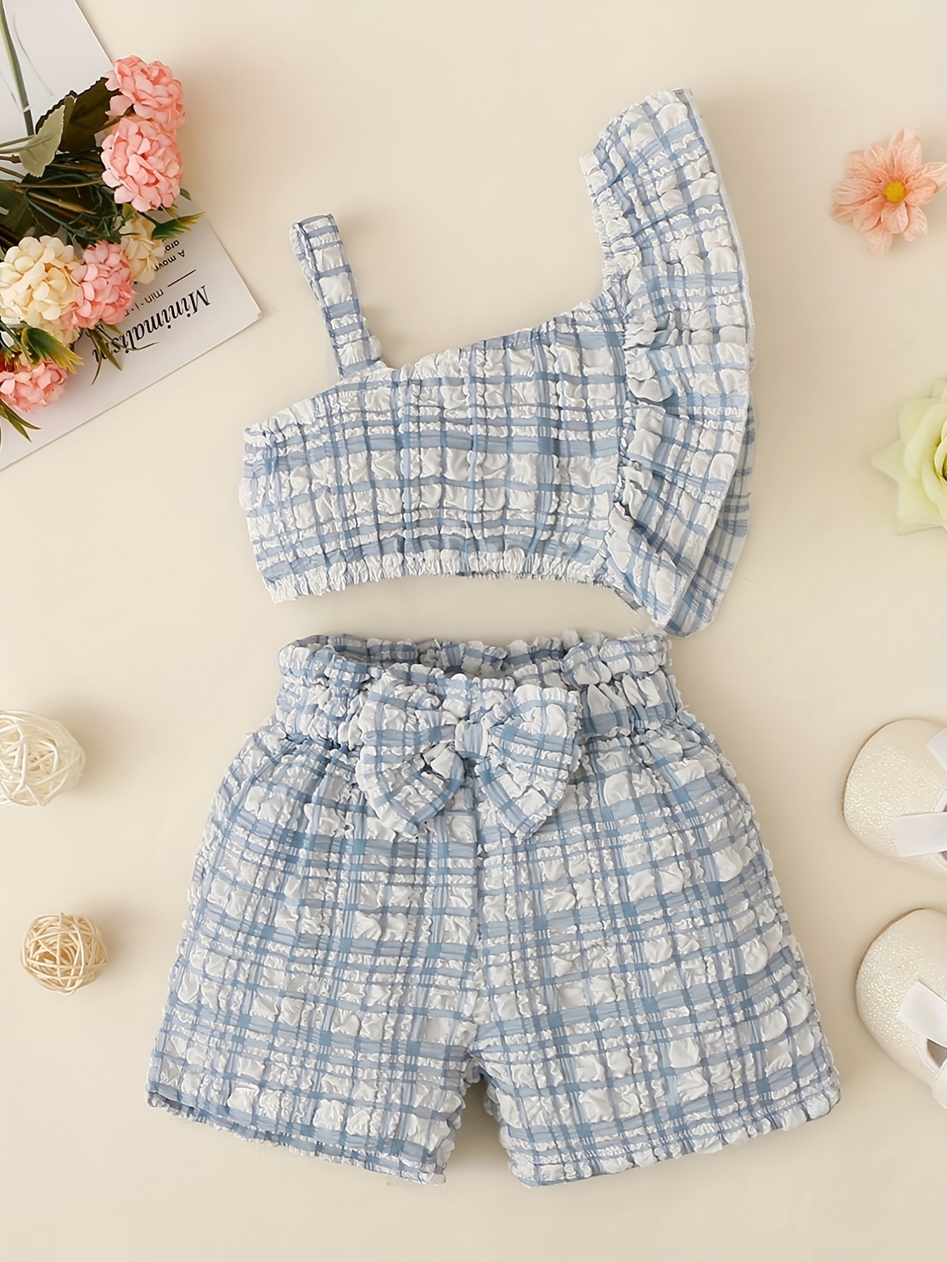 Girls Ruffles Plaid Crop Cami Top Elastic Waist Bow Shorts - Temu