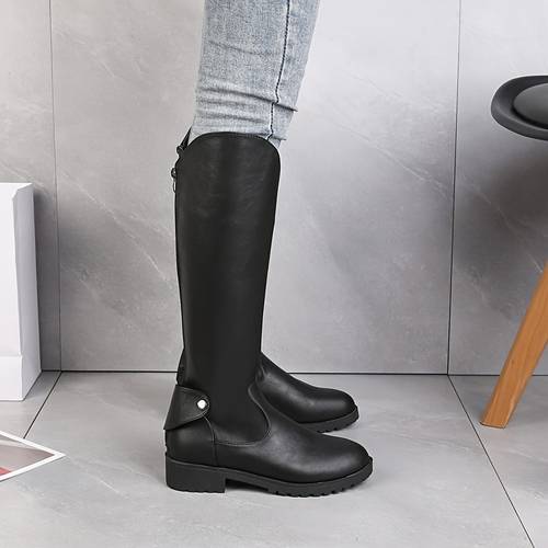 Women's Back Zipper Knee High Boots, Retro Style Solid Color Faux Leather Boots, Women's Footwear