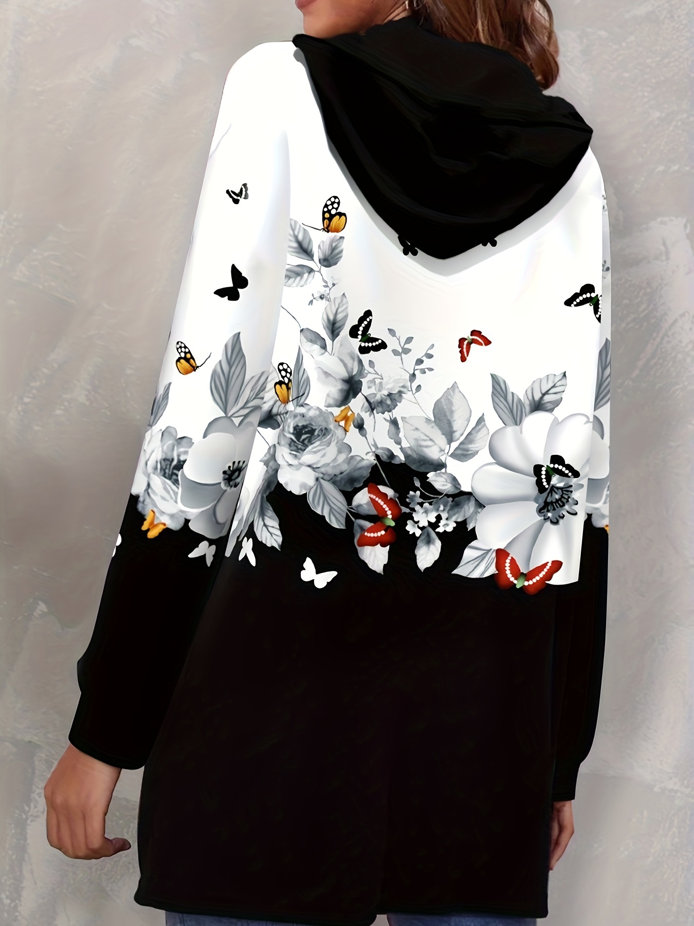 butterfly floral print hooded jacket casual zip up long sleeve outerwear womens clothing black 2