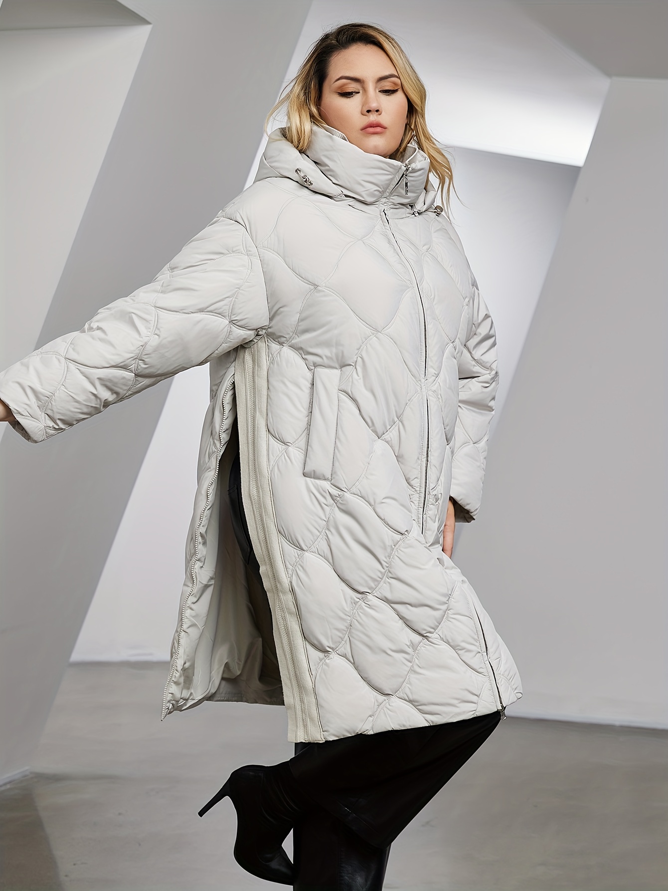 Plus Size Casual Winter Coat Women's Plus Solid Quilted Long - Temu