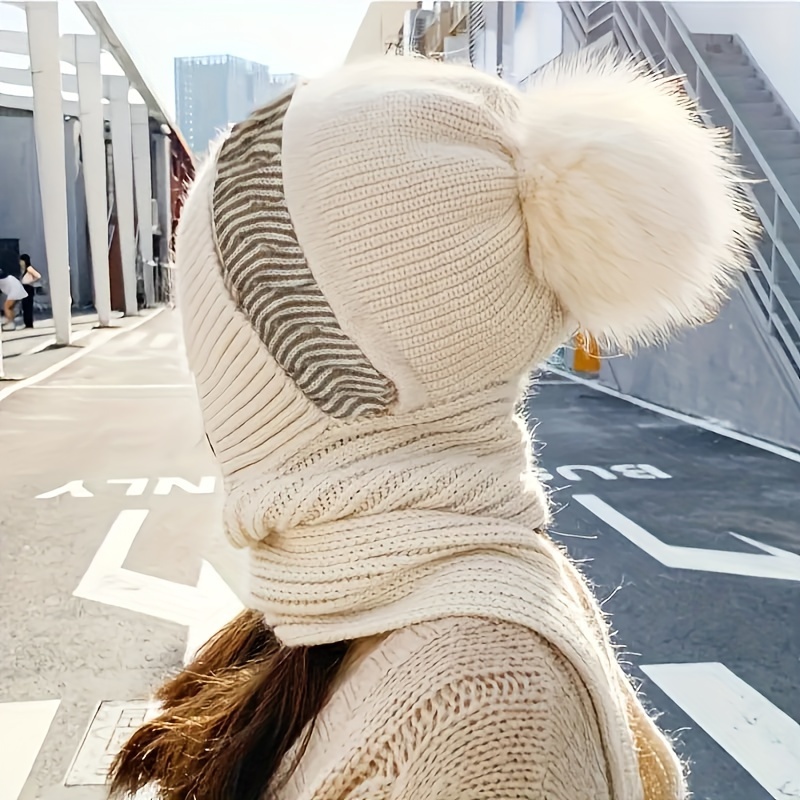 Autumn and Winter Outdoor Warm Beanie Hat, Thickened Hat Scarf Integrated Hat Thickened Versatile Japanese Cute Ear Protection Knitted Hat,Temu