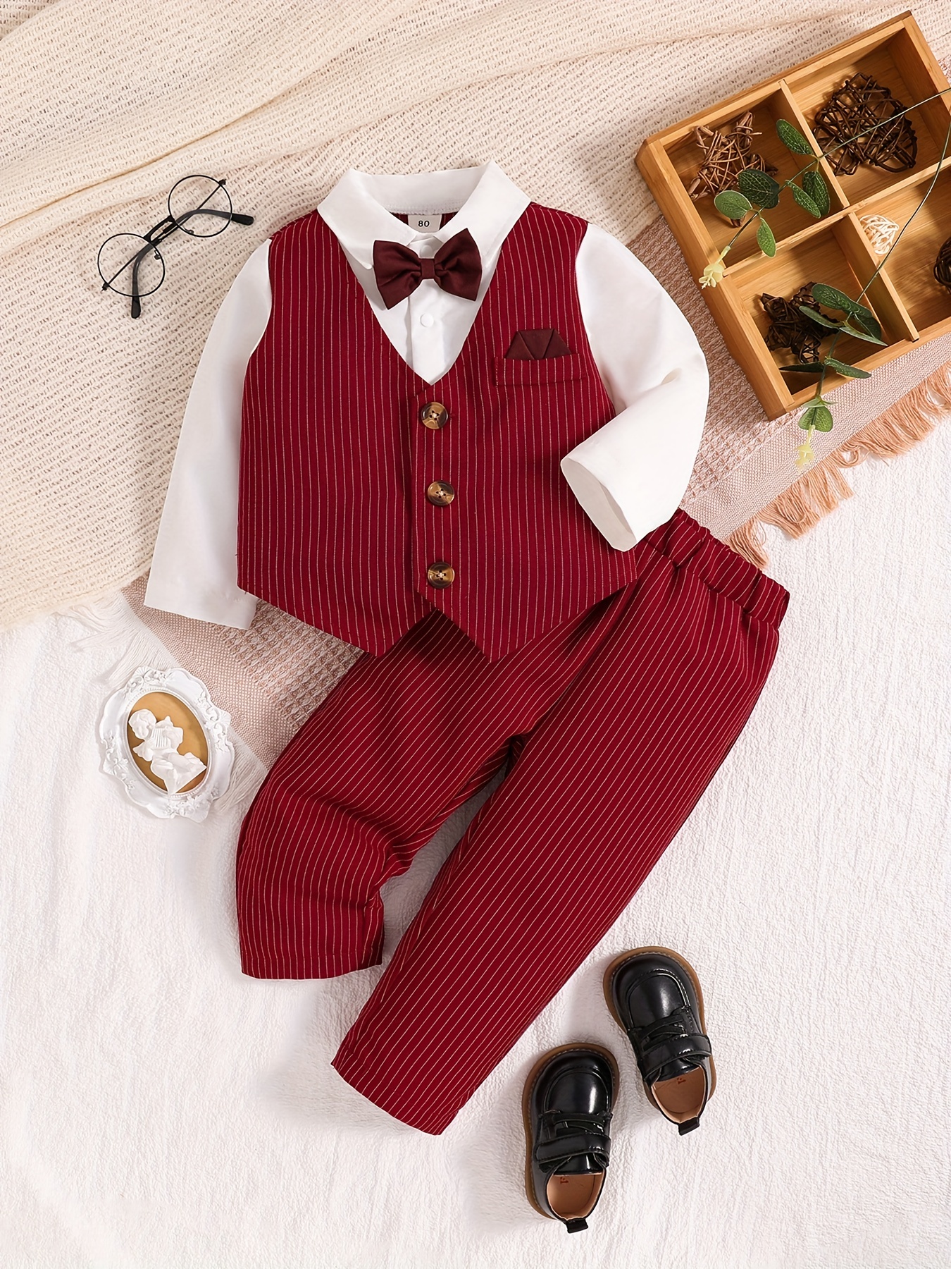 Ropa para niños pequeños, ropa de bebé niño con estampado de bebé, mameluco  y pantalones con tirantes, conjunto de caballero (rojo, 0-3 meses)