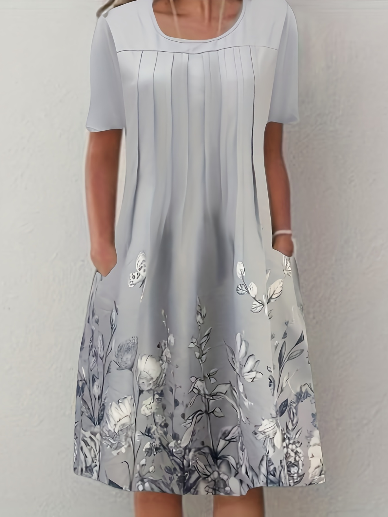 Vestido frontal plissado com estampa floral, vestido casual manga curta com dois bolsos, roupas femininas