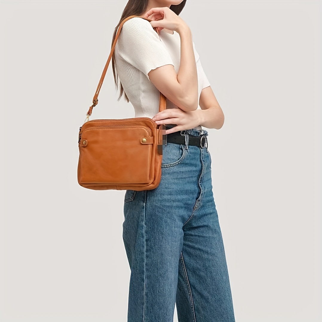 Leather Crossbody Bag With Pocket Tan Leather Shoulder Bag 