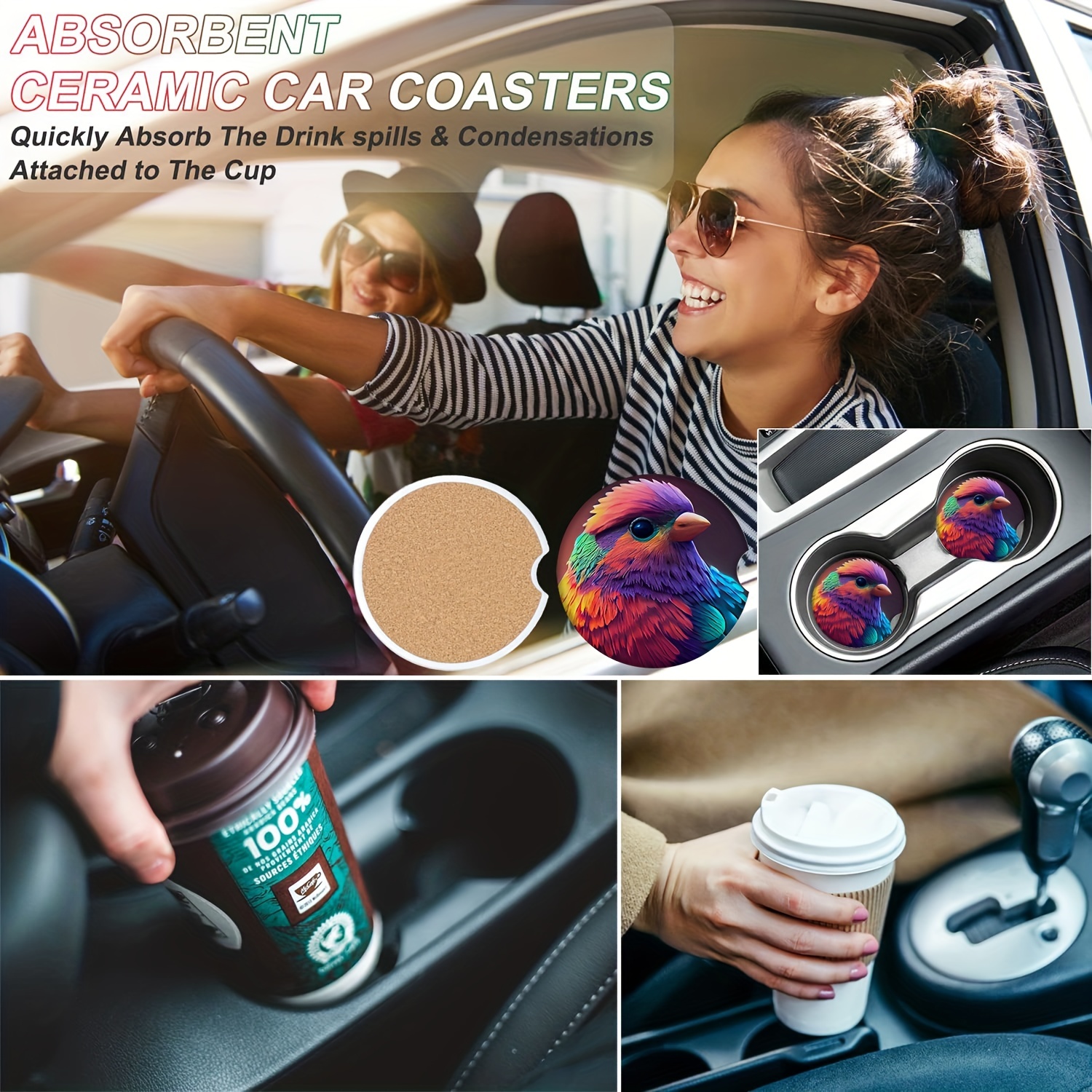 Car Cup Holder Coasters, Pack of 2, Absorbent Ceramic Stone Car Coasters  for Drinks, Cute Car Accessories with Cork Back and Finger Notch for Easy