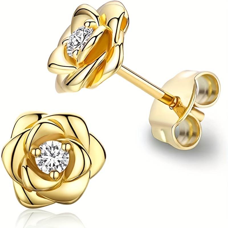 

Pretty Rose Shaped Stud Earrings Embellished With Zircon Simple Elegant Style For Women Daily Dating Ear Accessories
