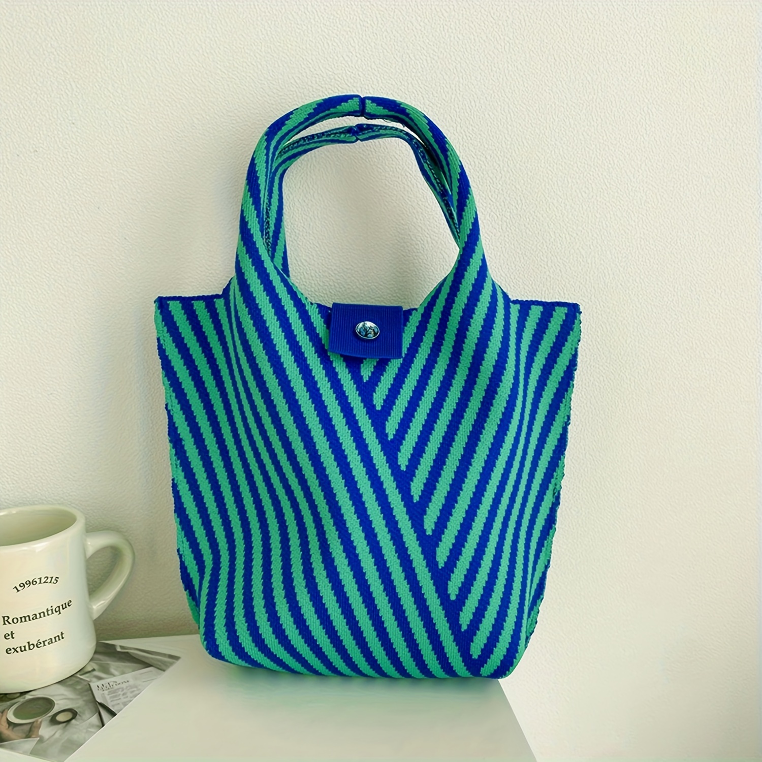 Stripes Pattern Knitted Handbag, Aesthetic Woven Tote Bag, Women's