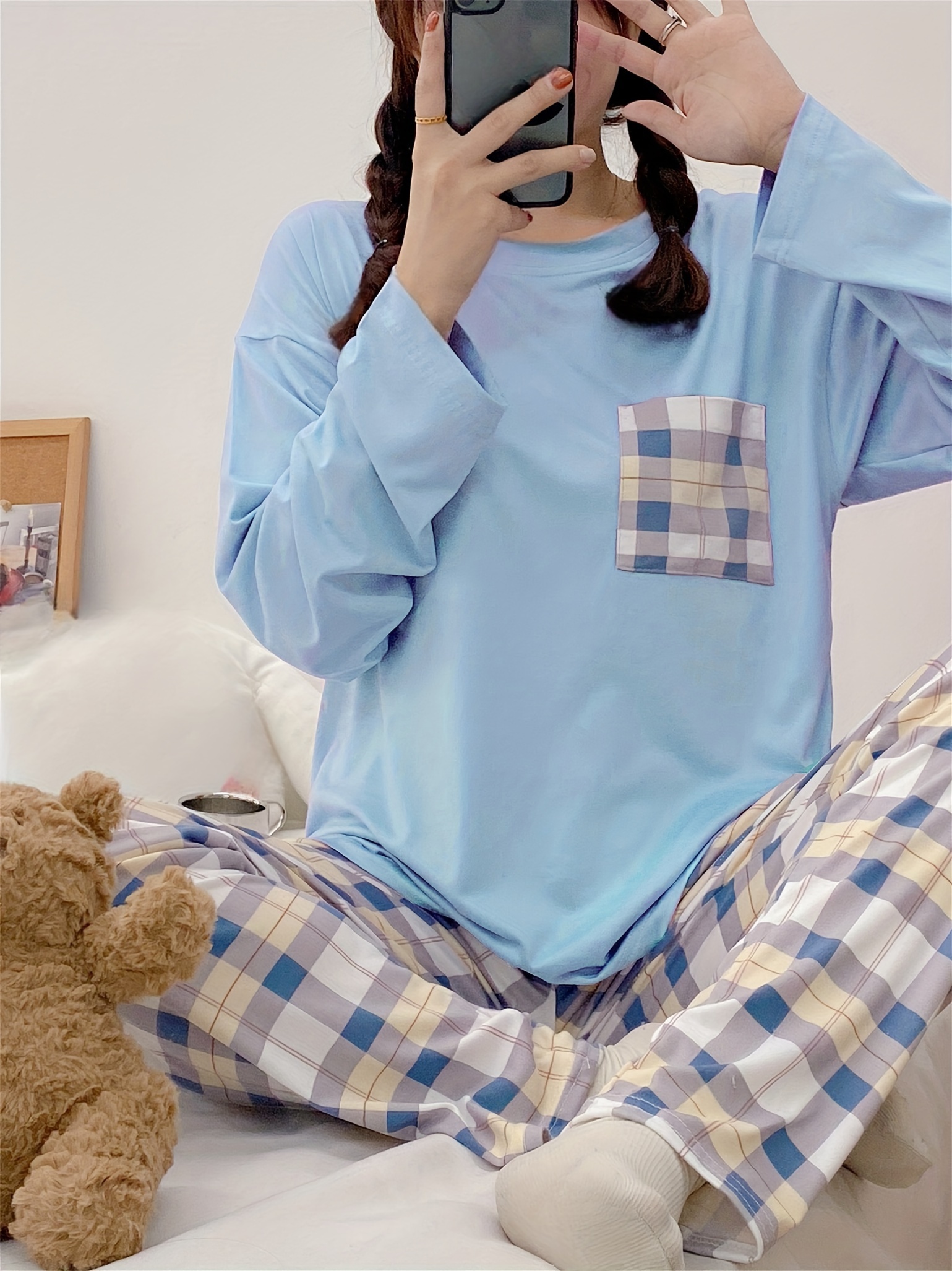 Colorblock Plaid Pajama Set Long Sleeve Crew Neck Top - Temu