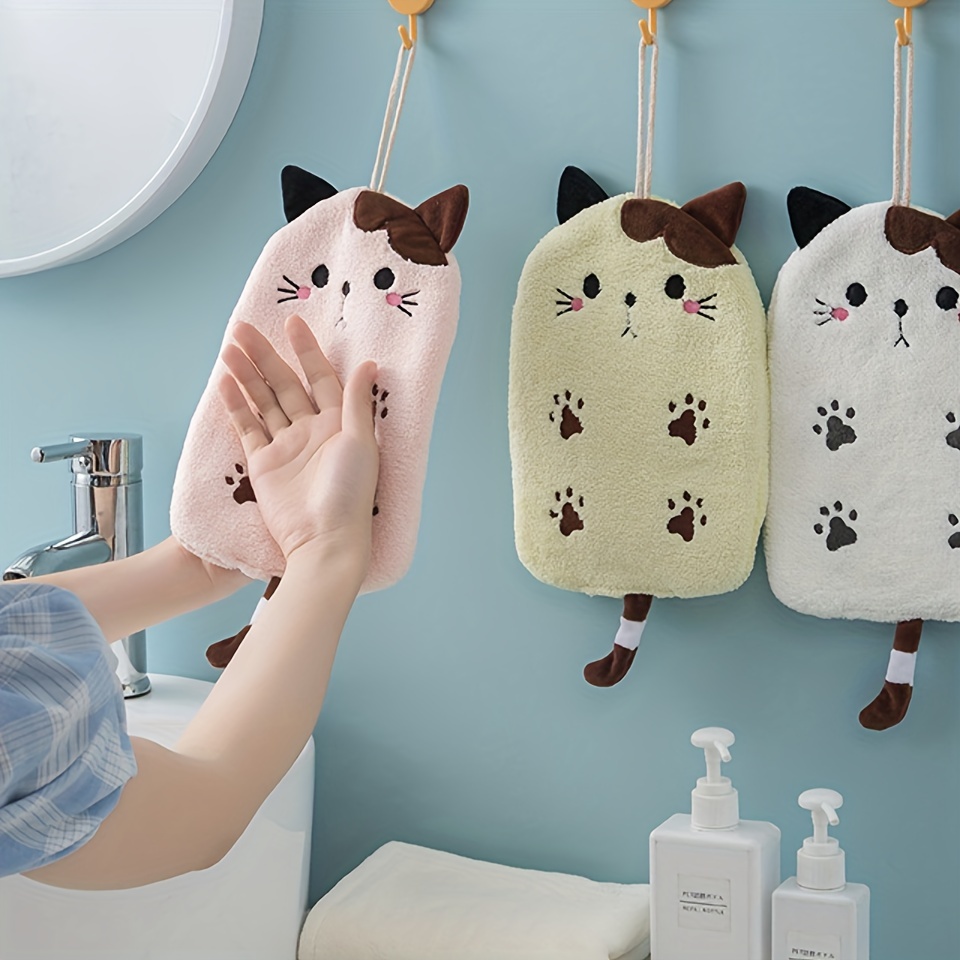 Hand Towels Coral Fleece Hanging Cute Cat Hand Towels Kitchen
