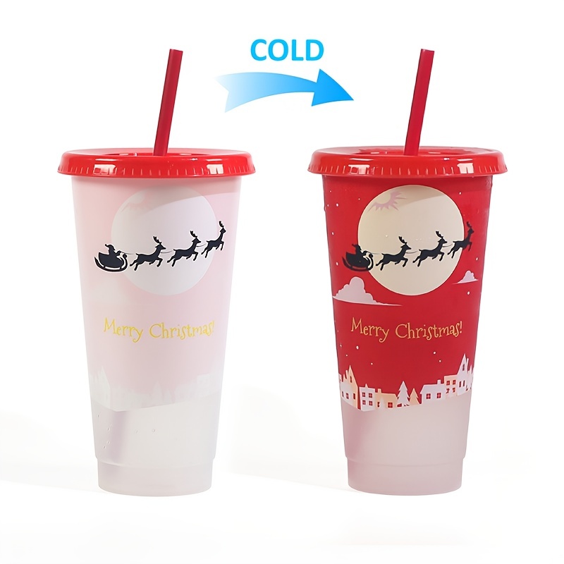 24oz New Single-layer Plastic Color Changing Christmas Cup Straw
