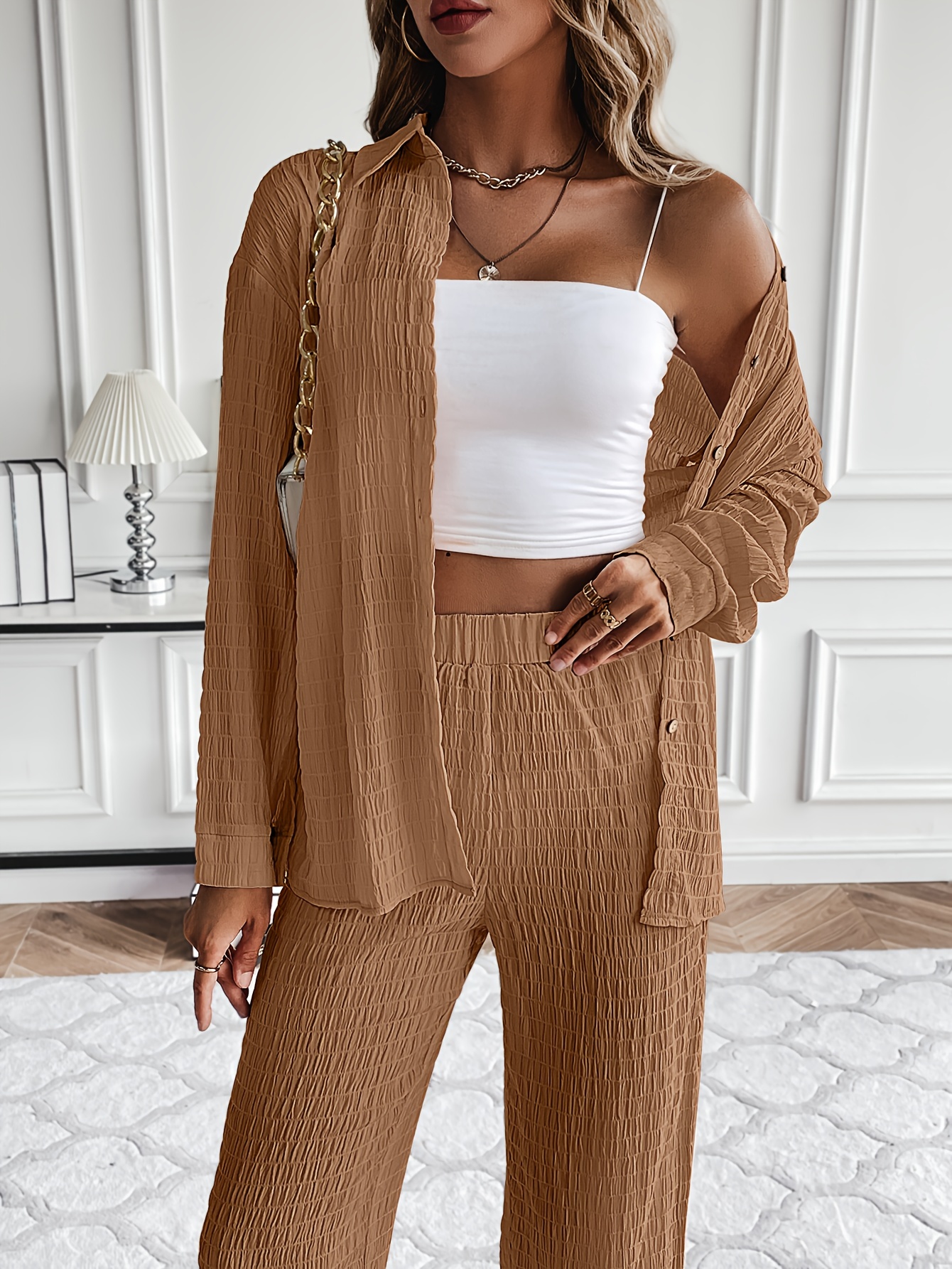 Solid Casual Two piece Set Button Front Long Sleeve Shirt - Temu