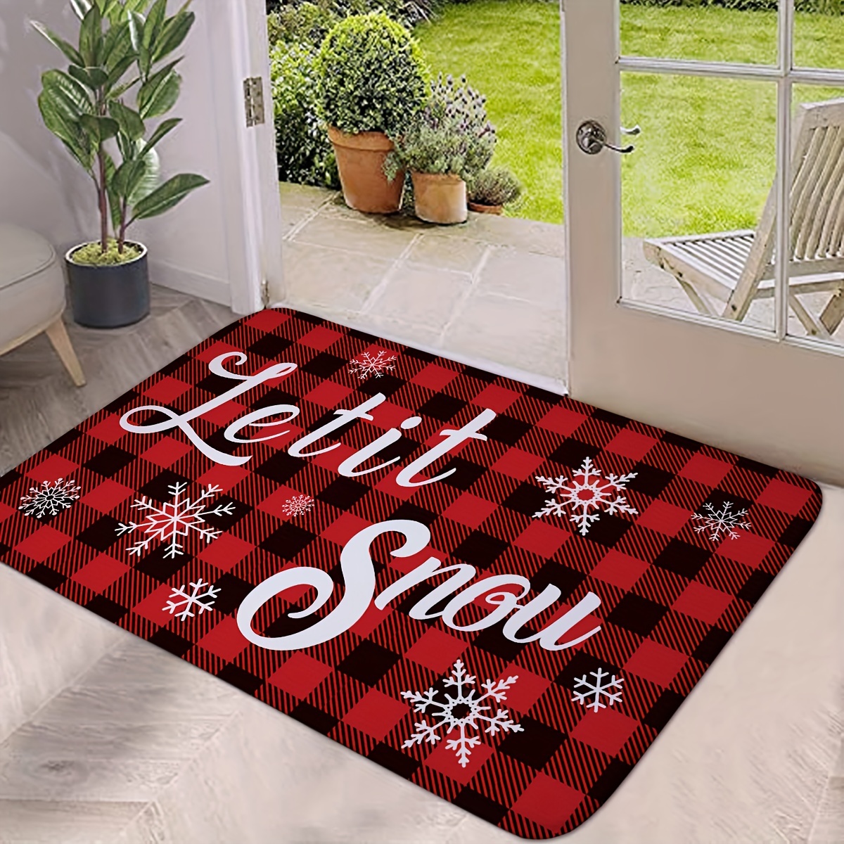 Christmas Door Mat Indoor Entrance Christmas Cute Snowman Winter Snow Red  Plaid Front Door Mat Non-Slip Absorbent Kitchen Doormat Washable Floor Mats