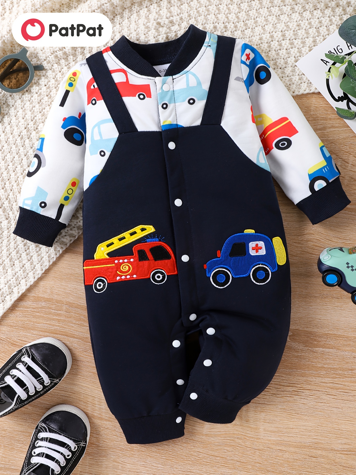 Baby Boy Striped/Cartoon Car Print Colorblock Long-sleeve Jumpsuit