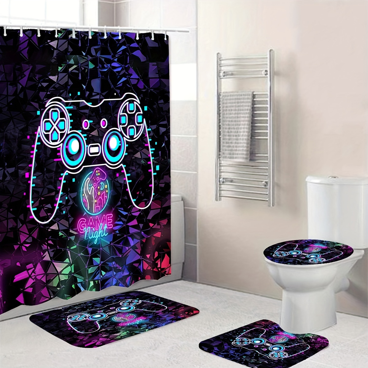 Colorful Gamepad Shower Curtain Set with Non-Slip Rug Toilet Lid