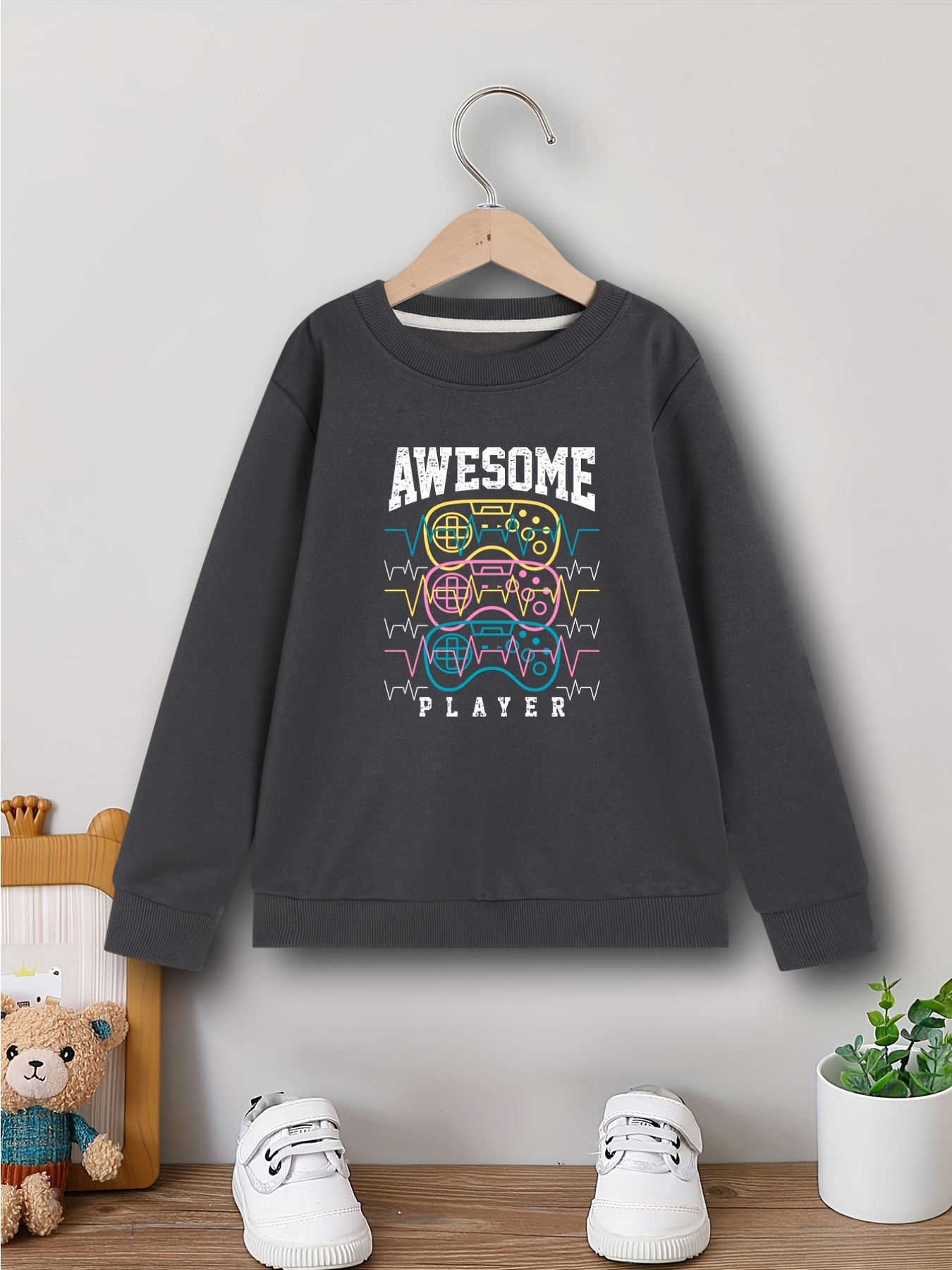 Game Theme Print Boys Casual Creative Pullover Sweatshirt, Long