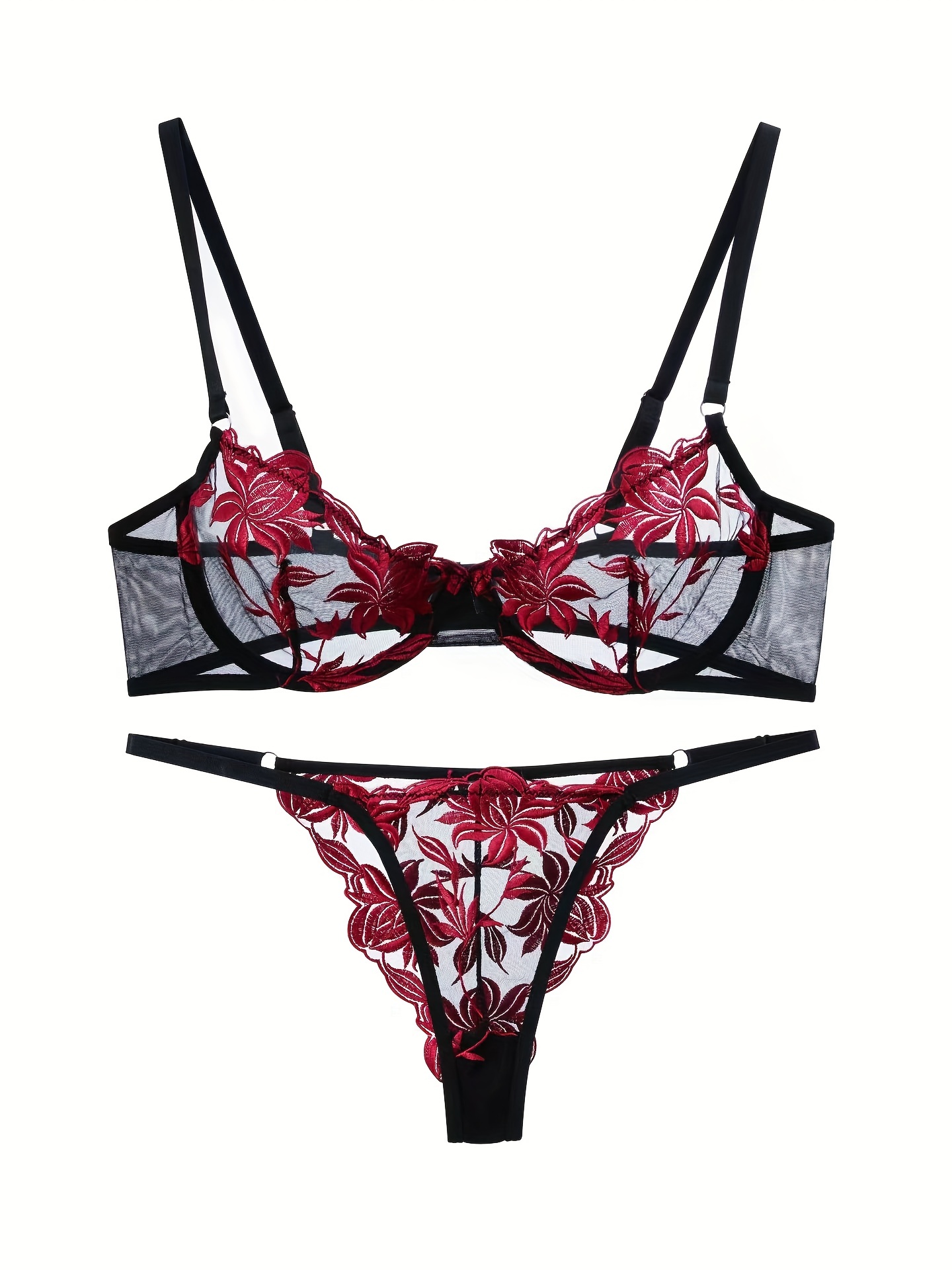 Burgundy Floral Embroidered Push Up Bra