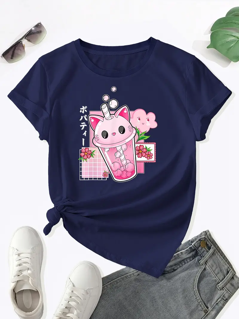 Camiseta Boba Tea Cat Bubble Print, Kawaii Crew Neck Manga Curta