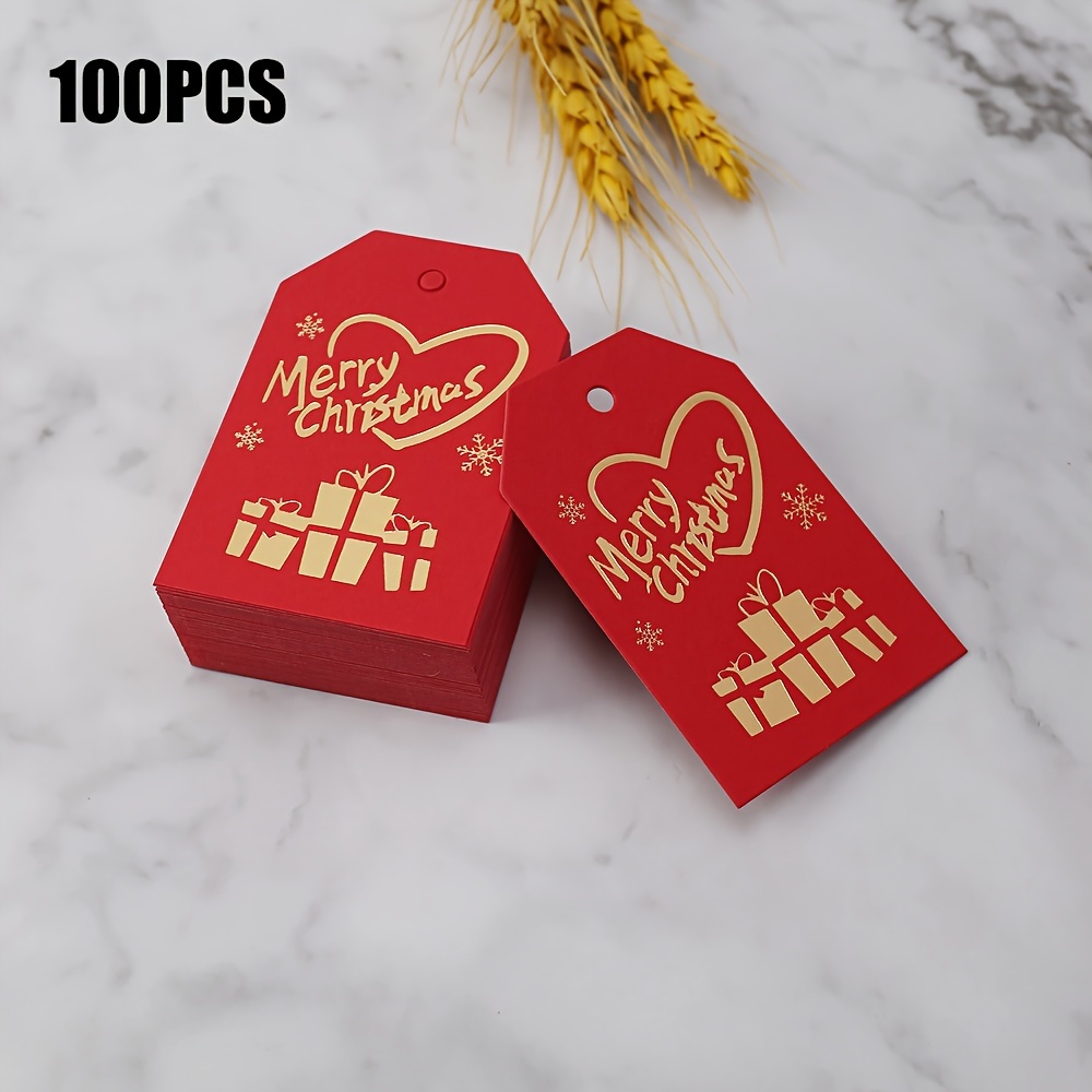 100Pcs Christmas Gift Tags with String,Holiday Gift and Favor  Tags,Christmas Gold Foil Paper Gift Tags for Xmas Parties and Celebrations
