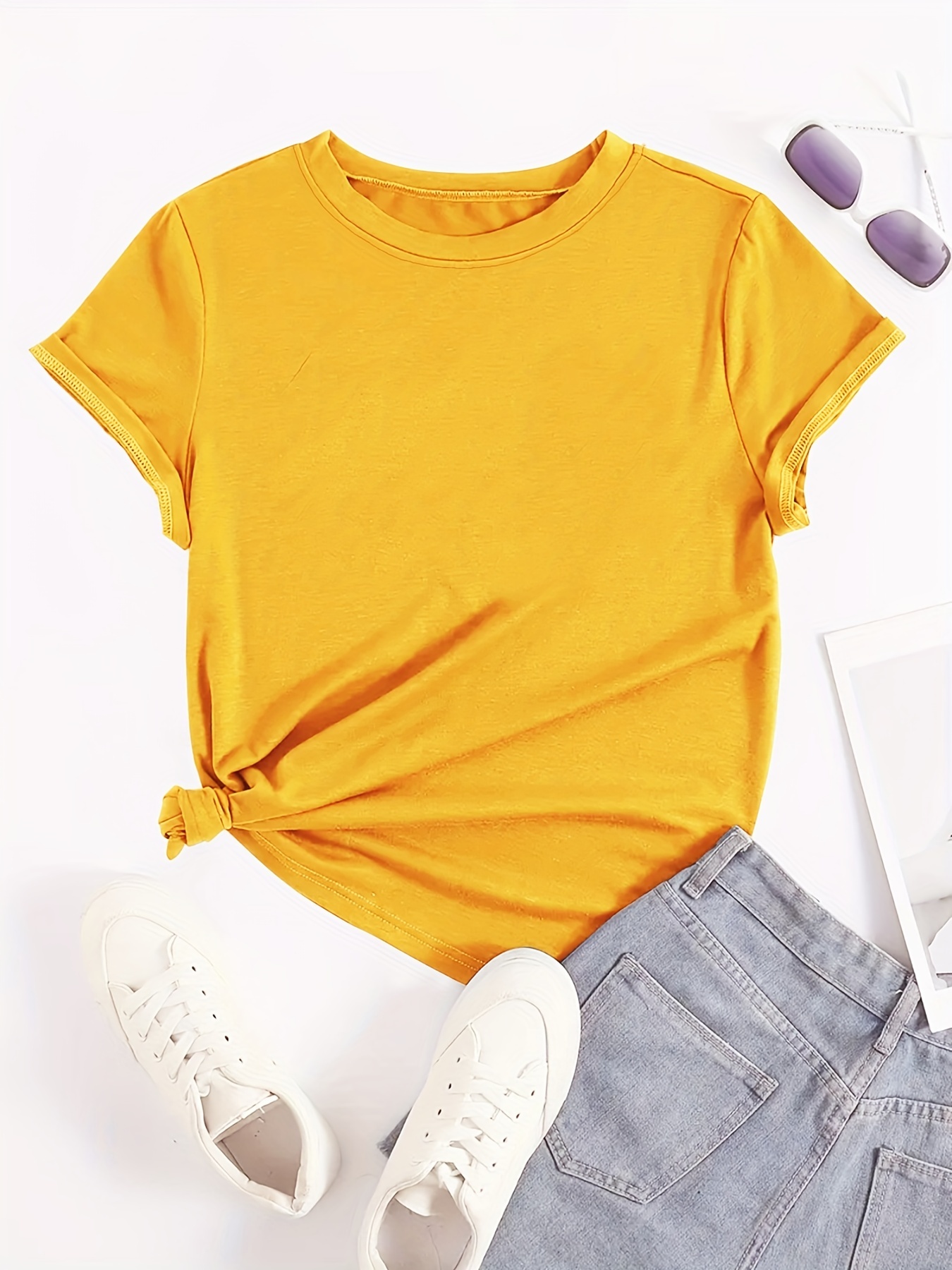 Solid Basic T-shirt, Casual Crew Neck Short Sleeve Versatile T-shirt, Women's Clothing