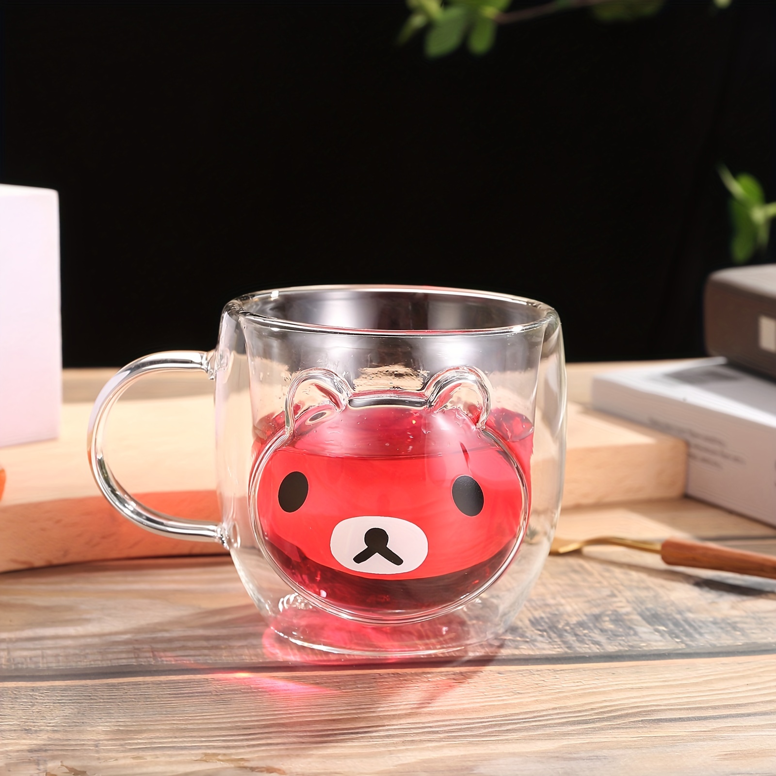 Cute Mugs Double Wall Glass Coffee Glass Cup Kawaii Bear Tea Milk Cup Funny  Mug Animal Mug Aesthetic Cup for Office and Personal Birthday Gift (Happy