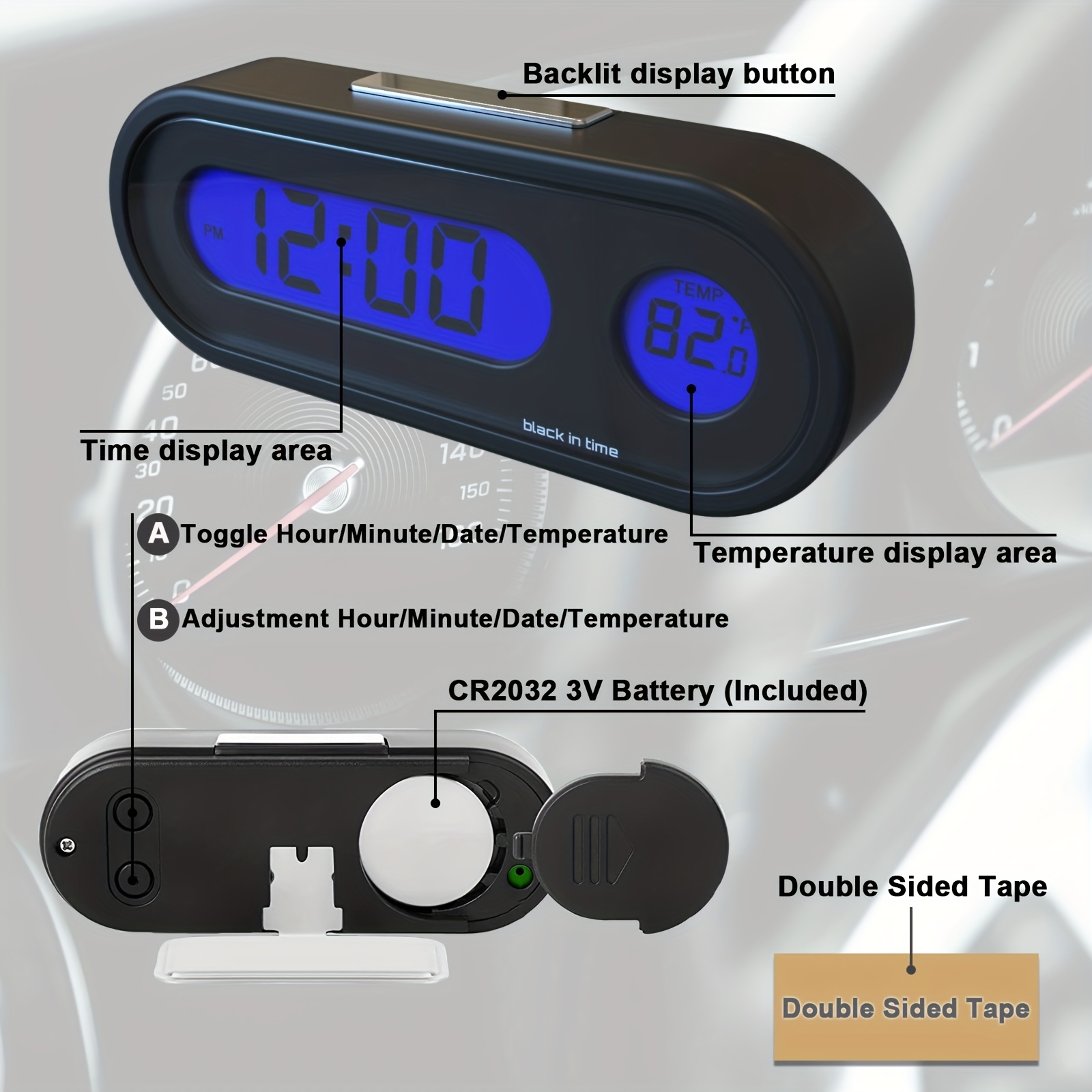 Autouhr Und Temperatur Mit Fahrenheit-Hintergrundbeleuchtung 2-in