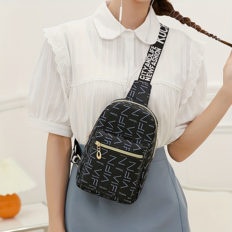 Letter Printed Sling Bag Trendy Double Zipper Chest Bag Casual