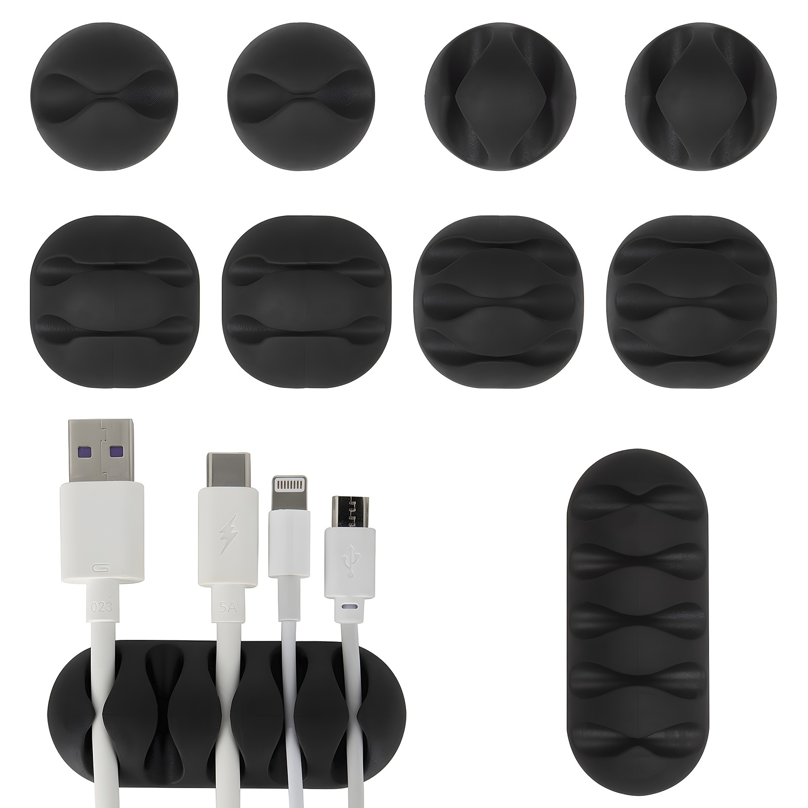 Pack de 10 clips sujeta cables adhesivo de color negro.