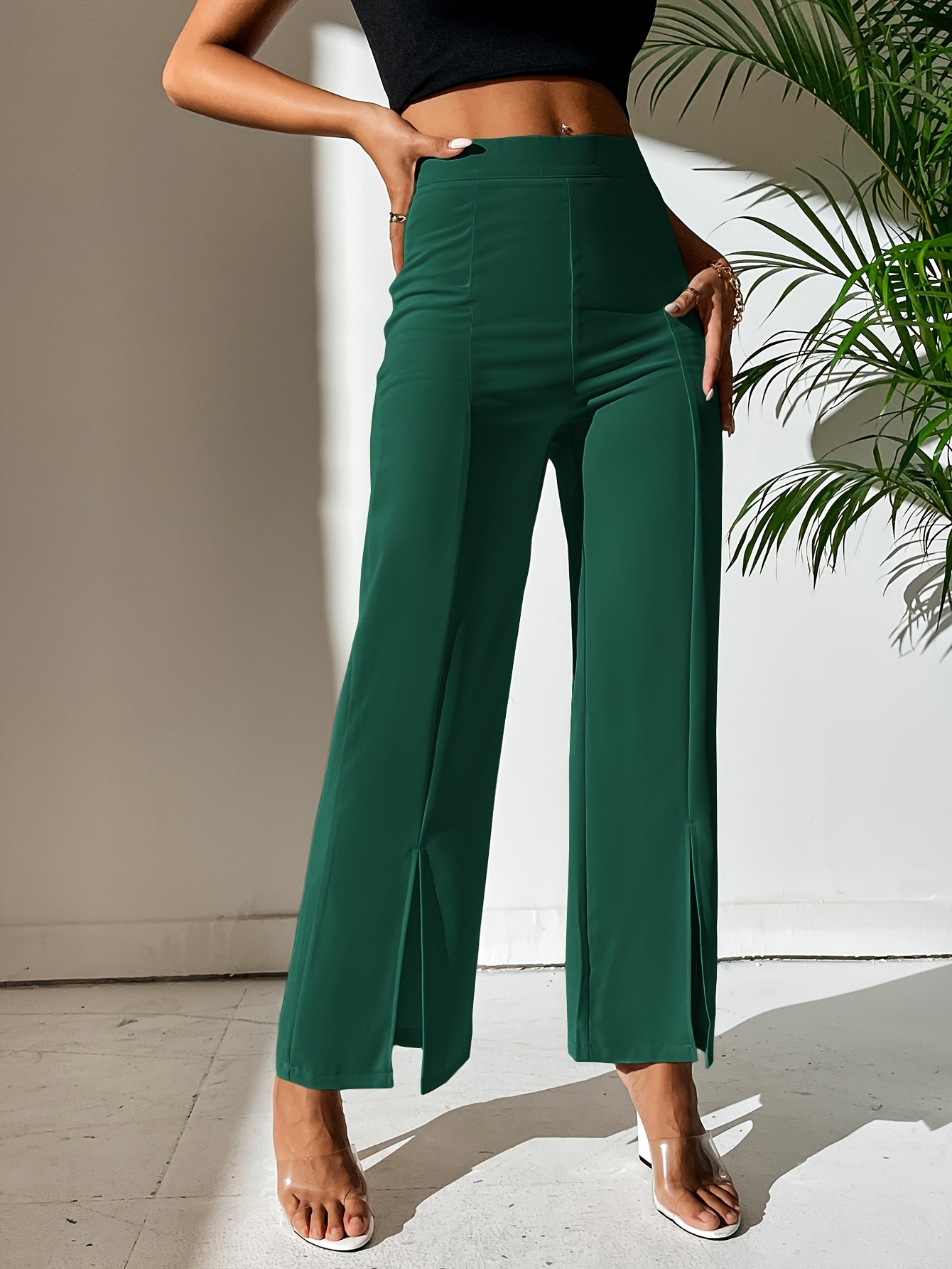 Pantalones de trabajo para mujer – Pantalones largos casuales elásticos de  pierna recta de cintura alta para negocios y oficina