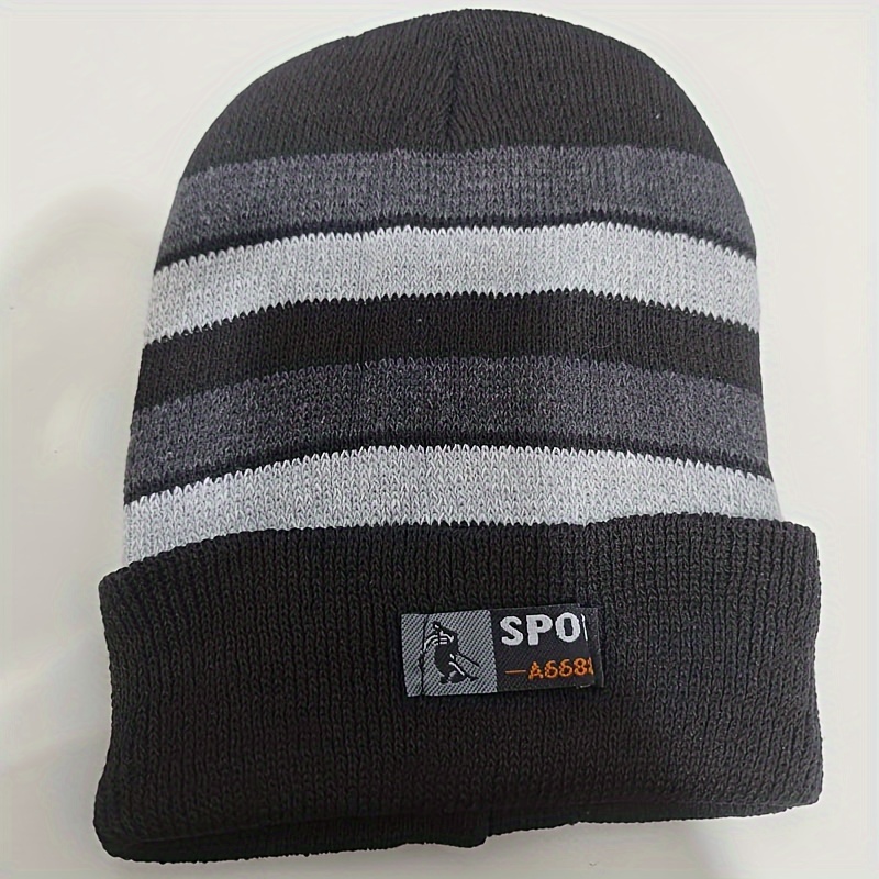 Winter Striped Warm Fleece Lined Knitted Beanie Hat for Men