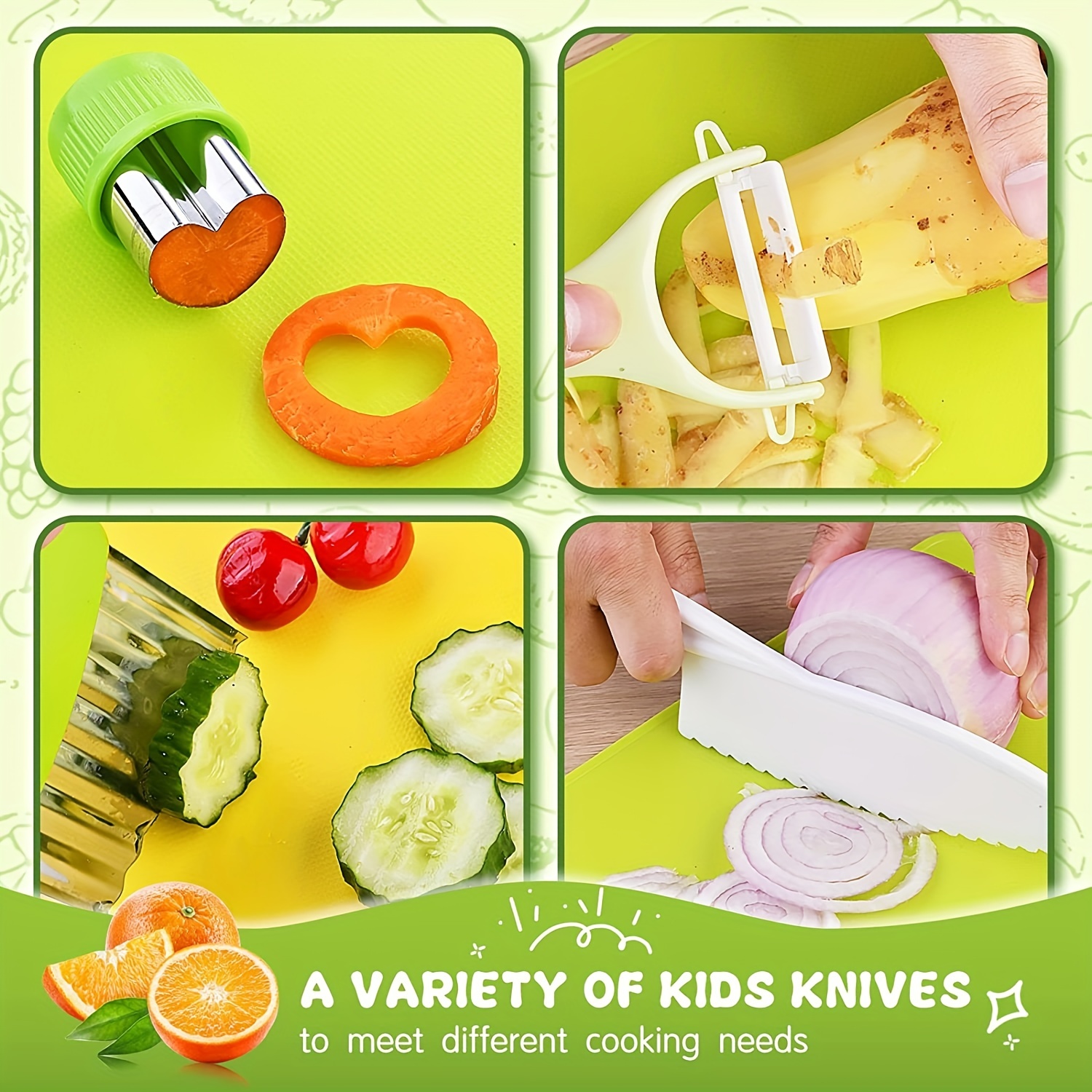  FGSAEOR Juego de cuchillos Montessori para niños pequeños (6  unidades), herramientas de cocina para cocinar y cortar cuchillos, cuchillo  de plástico seguro para niños, incluye cuchillo de madera, cuchillo picador  ondulado