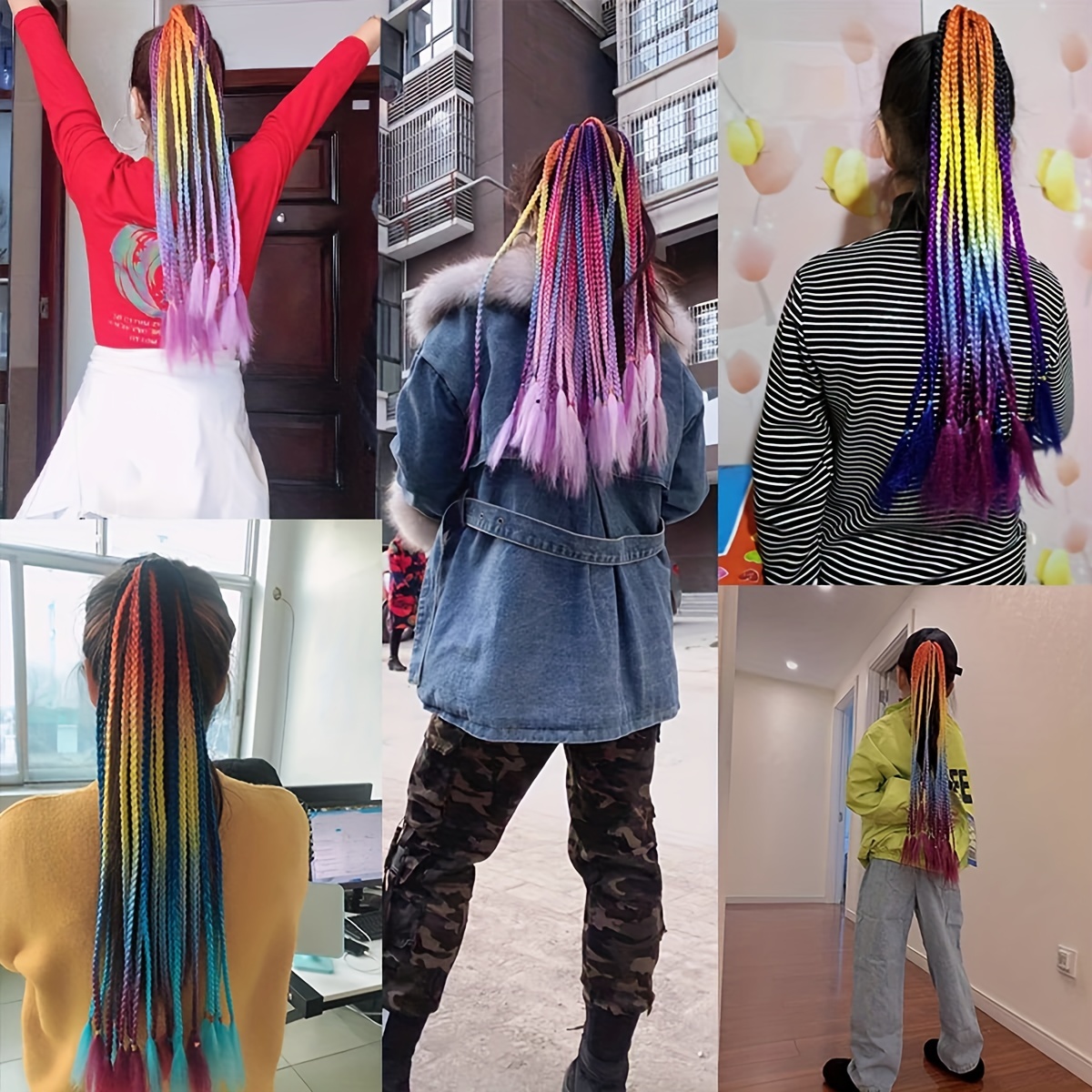 12 Pack Long Braid Hair Extensions with Elastic Bands - Rainbow Braids