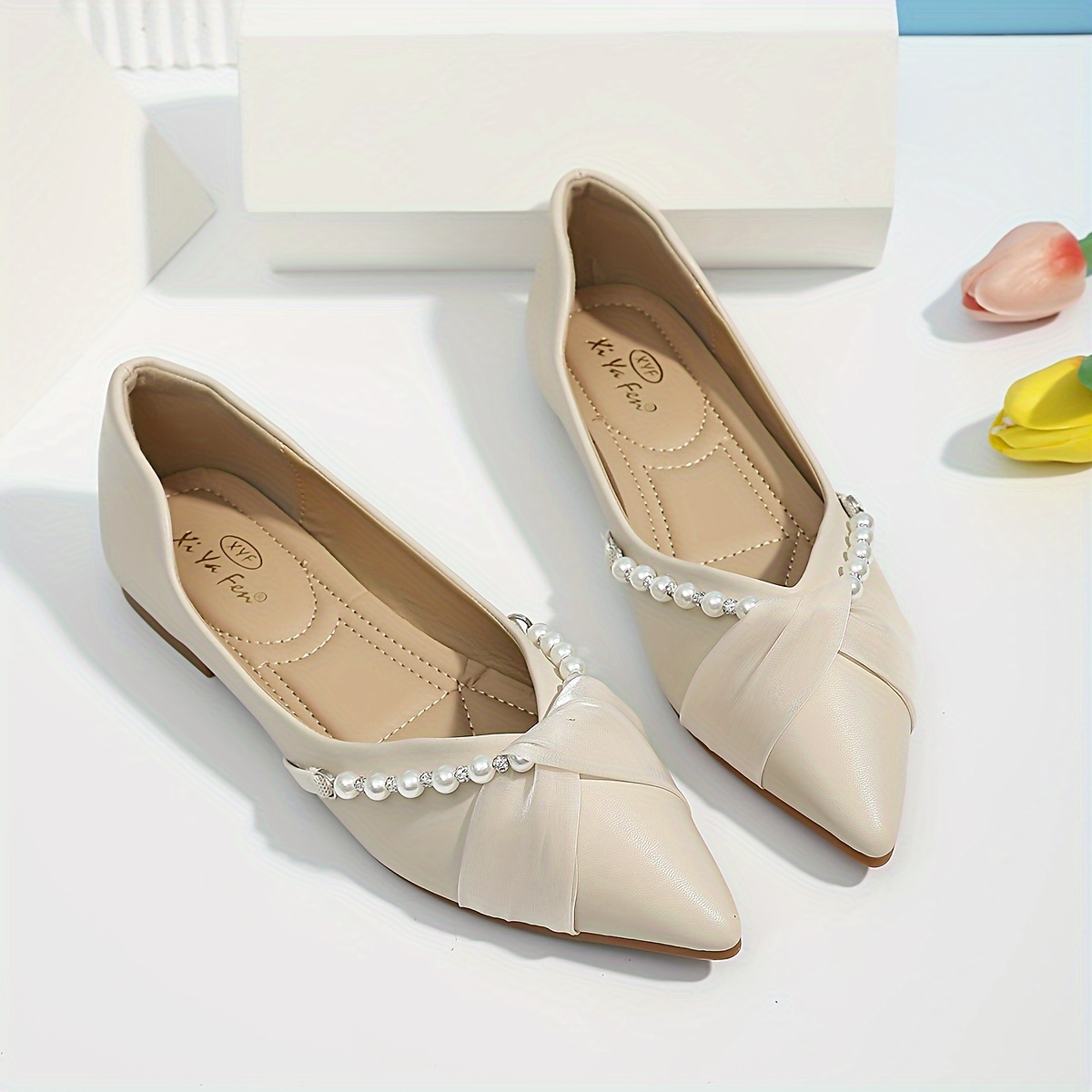 pointed toe faux pearl decor flats