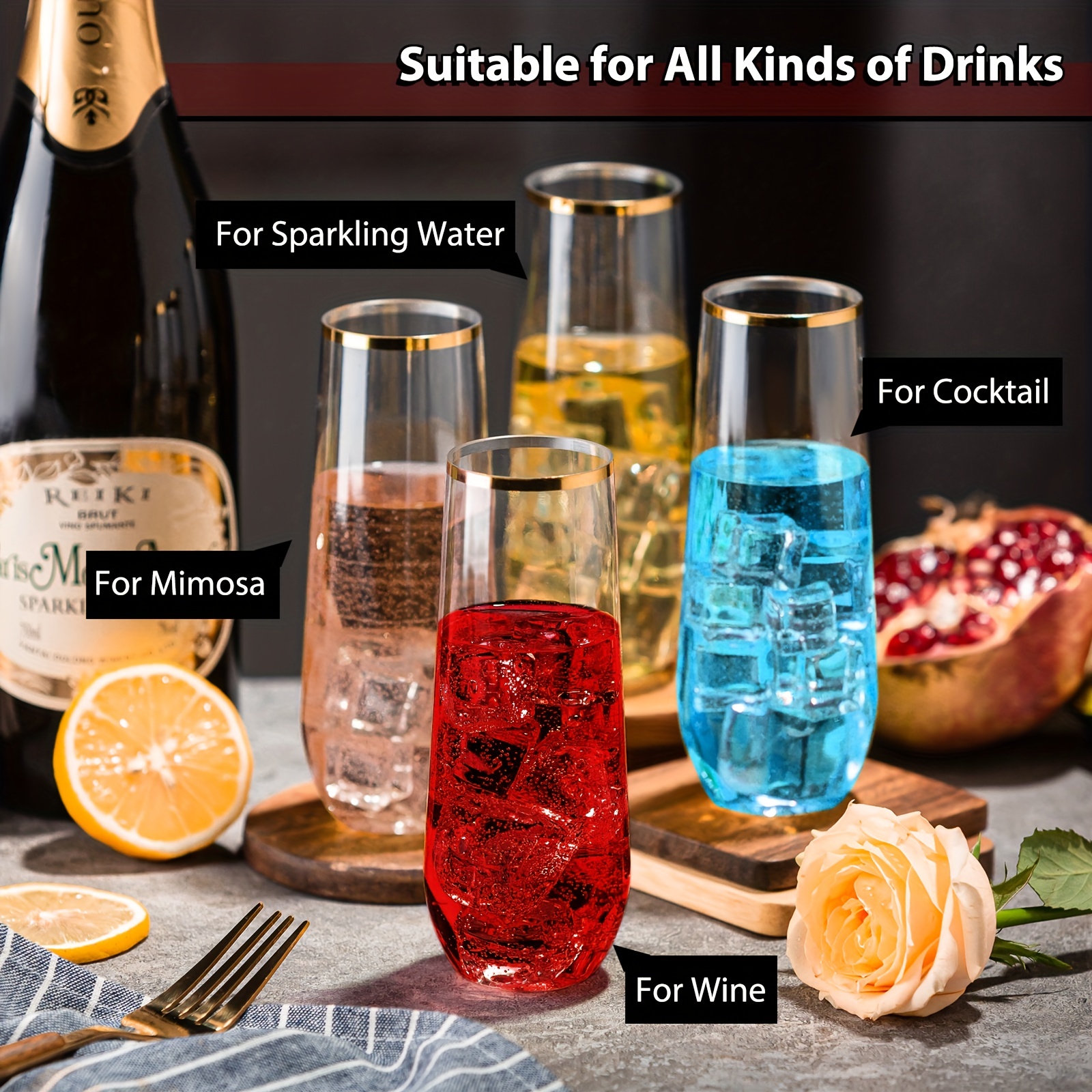 Plastic Wine Glasses ( Plastic Wine Glasses & Plastic Champagne Flutes),  Stemless Clear Disposable Cold Drink Cups, Unbreakable For Party Wedding  Birthday Christmas, Heavy Duty Drinkware - Temu