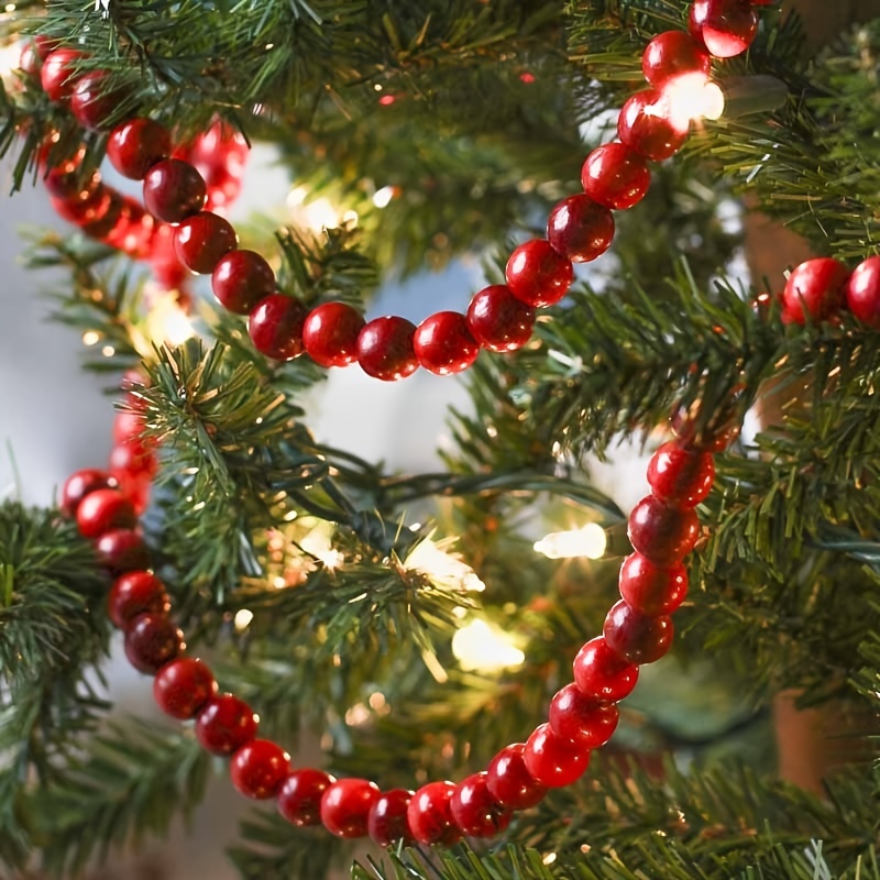 Wooden Bead Garland Decor White & Red Beads Pendant Wood Bead Garland For Christmas  Tree Table