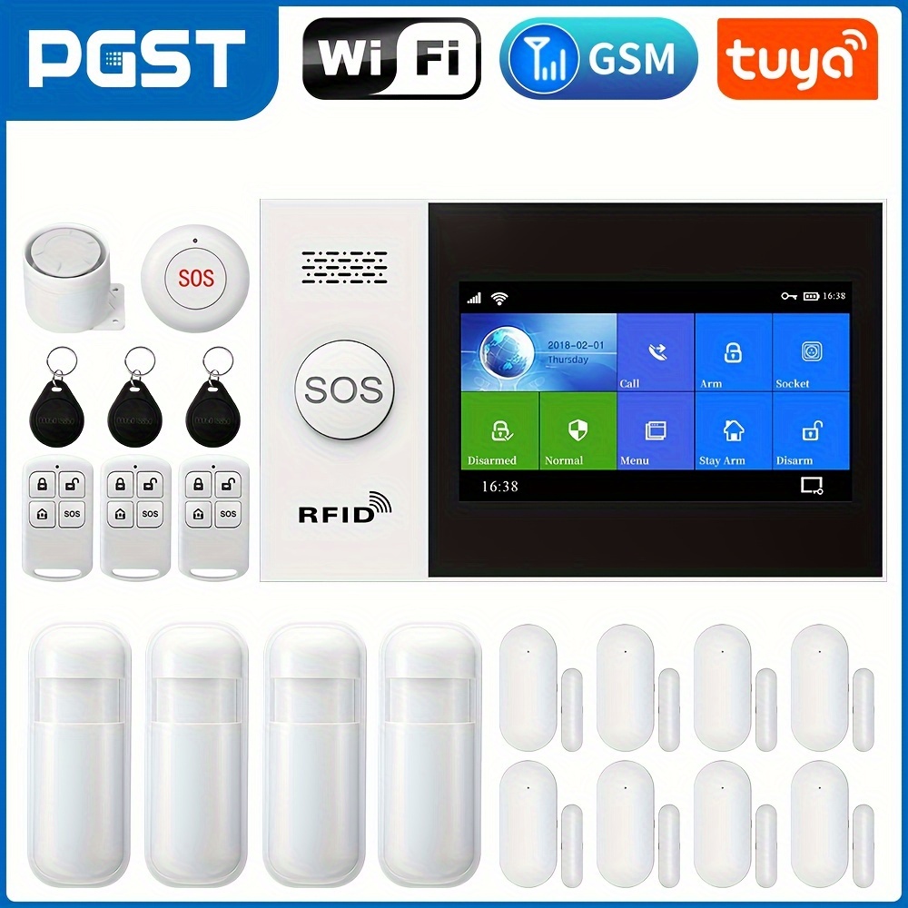 PGST Alarme Maison sans Fil Intelligent 2.4G WiFi/GSM Kit Système d'Alarme  connectée 1 Alarme avec sirène,5 Détecteur de Ouverture Porte Fenêtre,2