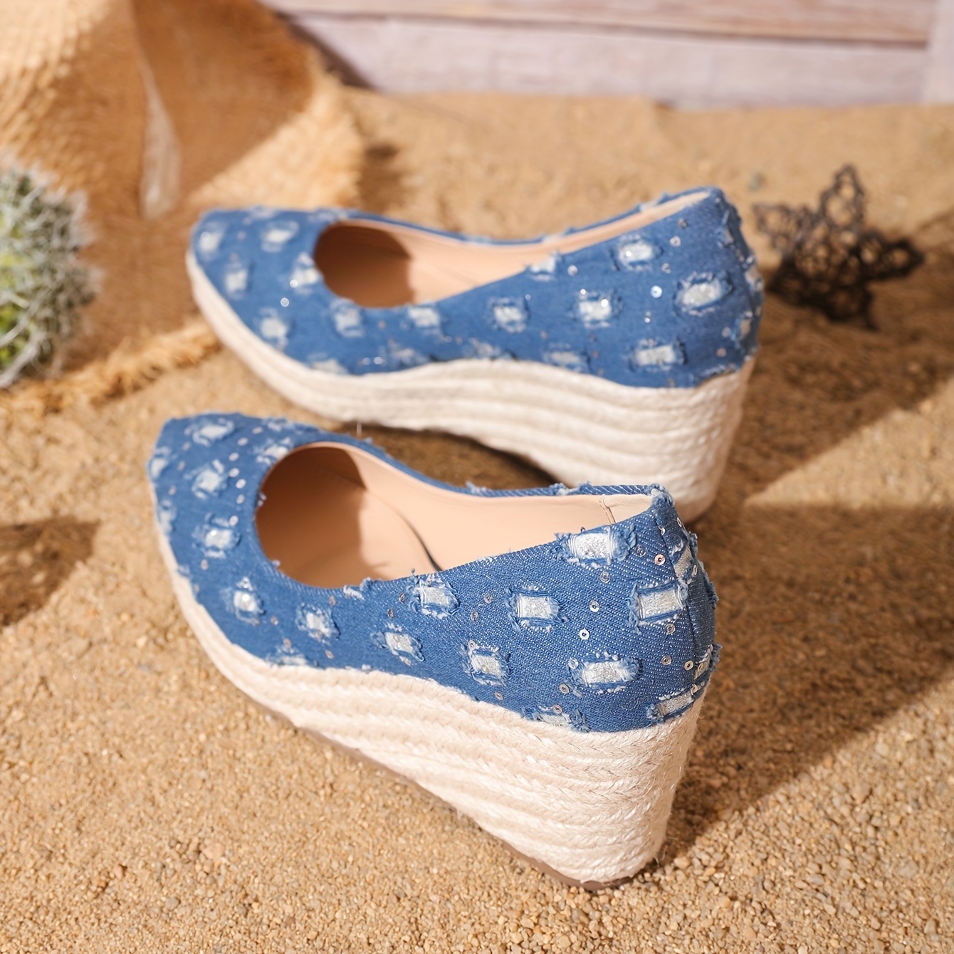 Women's Denim Wedge Heels Pointed Toe Espadrille Shoes