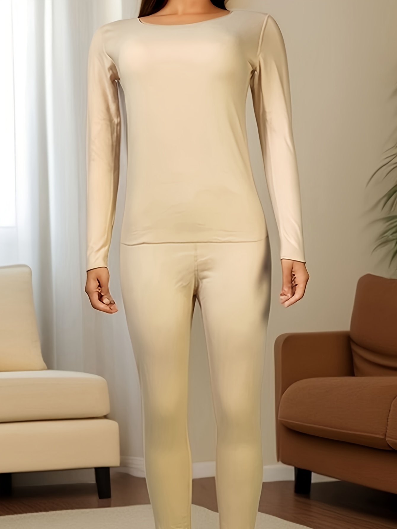 Plus Size Simple Thermal Underwear Set, Women's Plus Solid Long