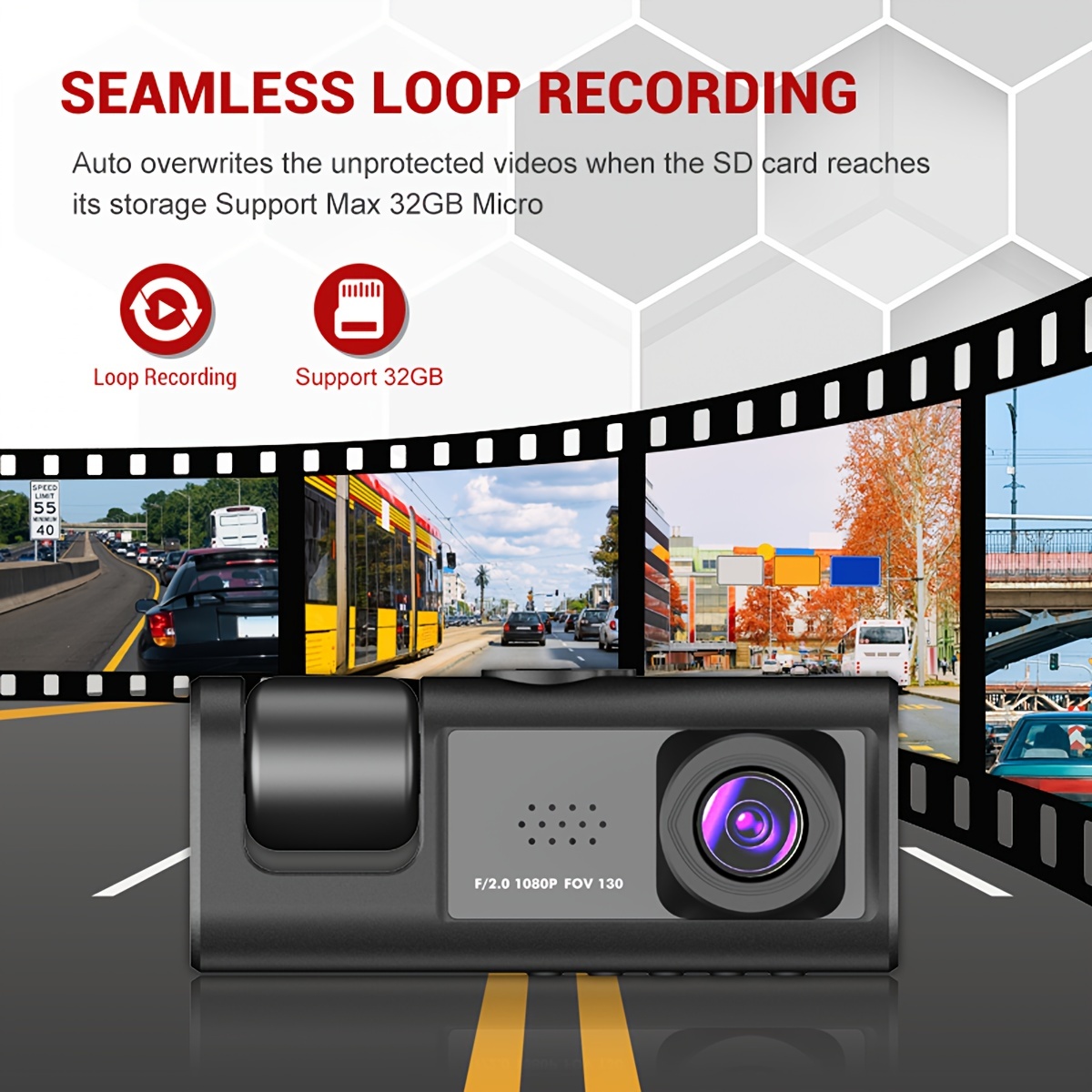 Suokom Dashcam 3 canaux Dash Cam avant et arrière à l'intérieur 1080P  caméra de tableau de bord pour voitures Dashcam caméra de voiture à trois  voies avec enregistrement en boucle de vision