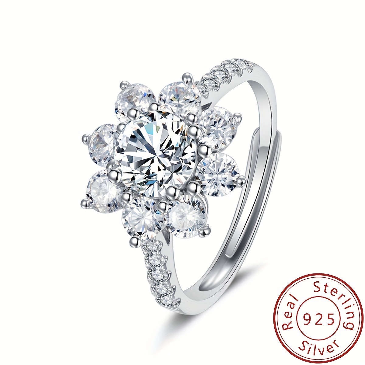 

1ct Moissanite Decor Sunflower Ring, 925 Sterling Silver Adjustable Ring For Her, Engagement Ring
