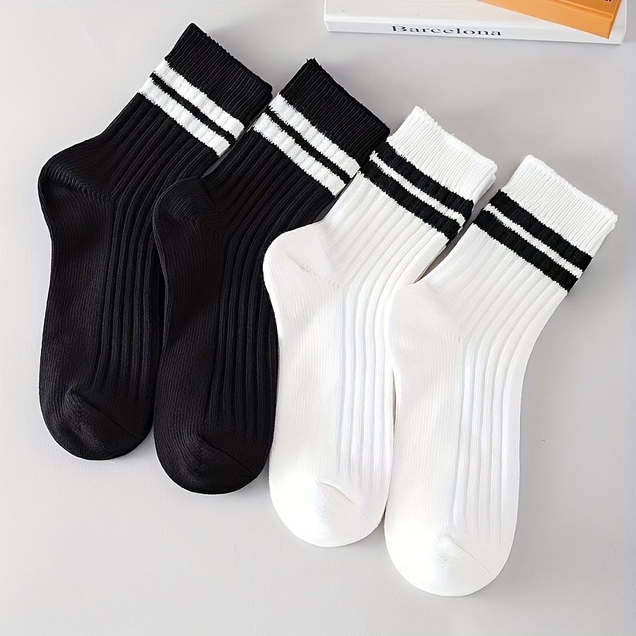 6 Pairs Men's Thick Mid-Calf Socks - Soft Warm Winter Crew Socks with Black Stripes, Solid Color Casual Dress Socks for Autumn & Winter, Hand Wash Only, Comfortable Sock Design