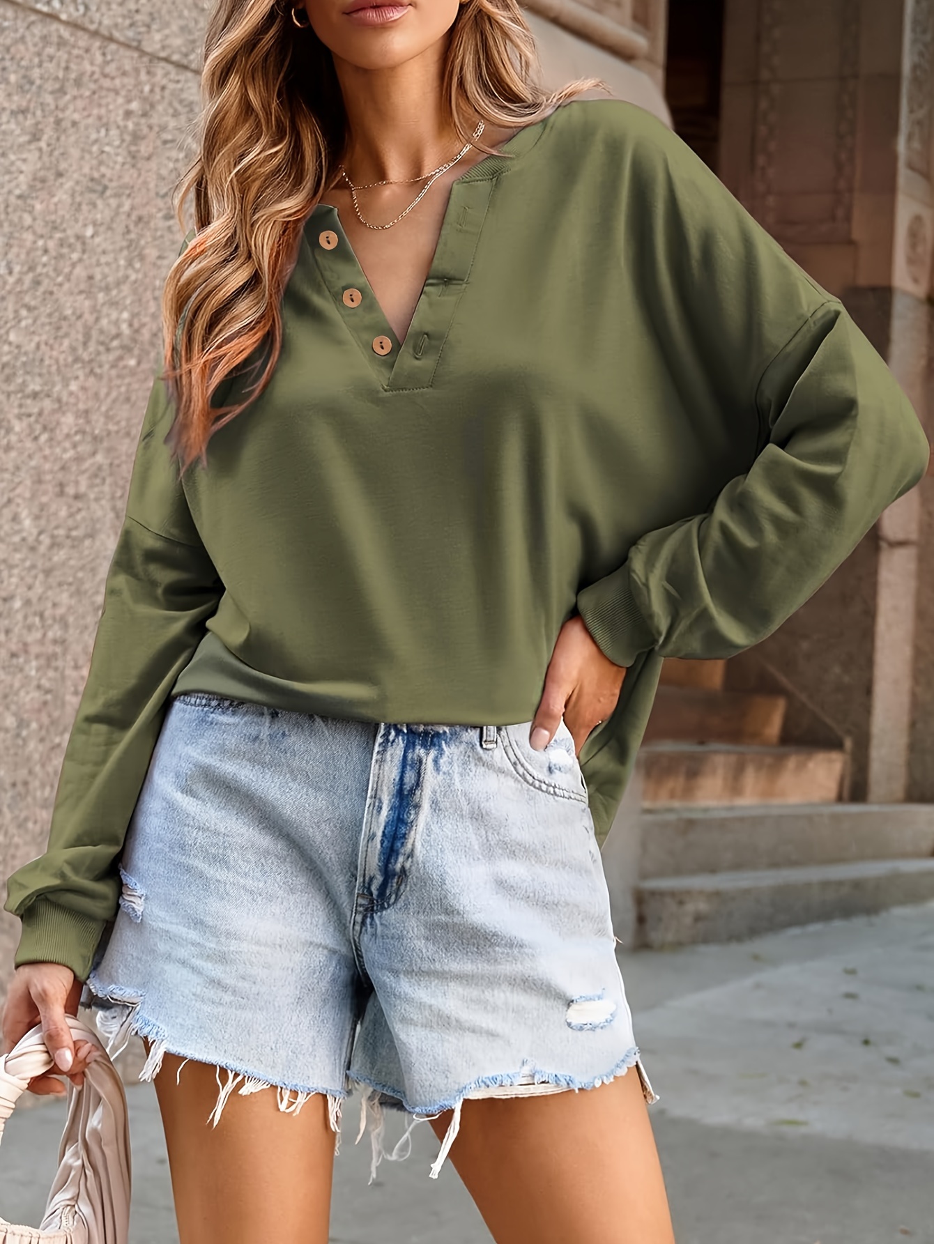 Solid Notched Neck Simple Blouse Casual Long Sleeve Comfy - Temu
