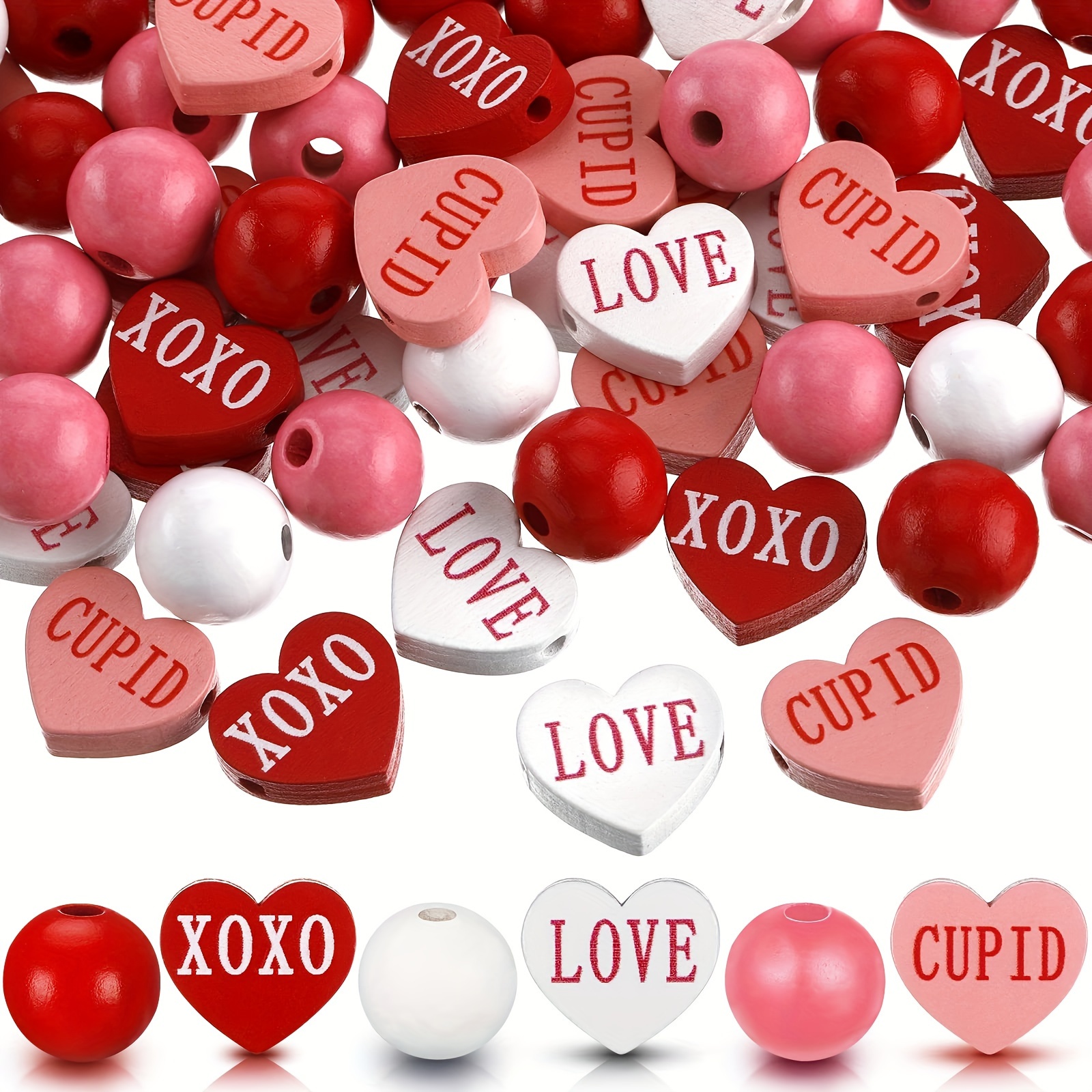 16mm 50pcs Mix Style Valentine's Day Wood Beads Cupid love Heart